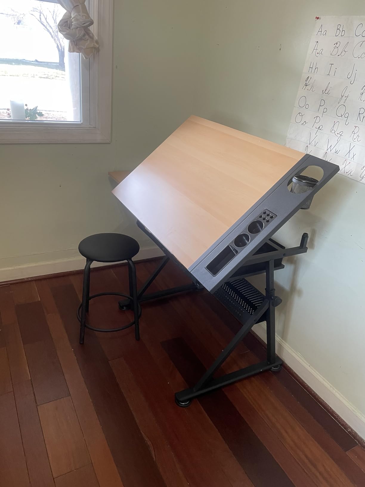 Drafting Table Drawing Desk Art&Craft Work Station Height Adjustable Tilting Tabletop Craft Table Desk w/Stool and 2 Storage Drawers for Home Office Study Room, Natural customer photo 2