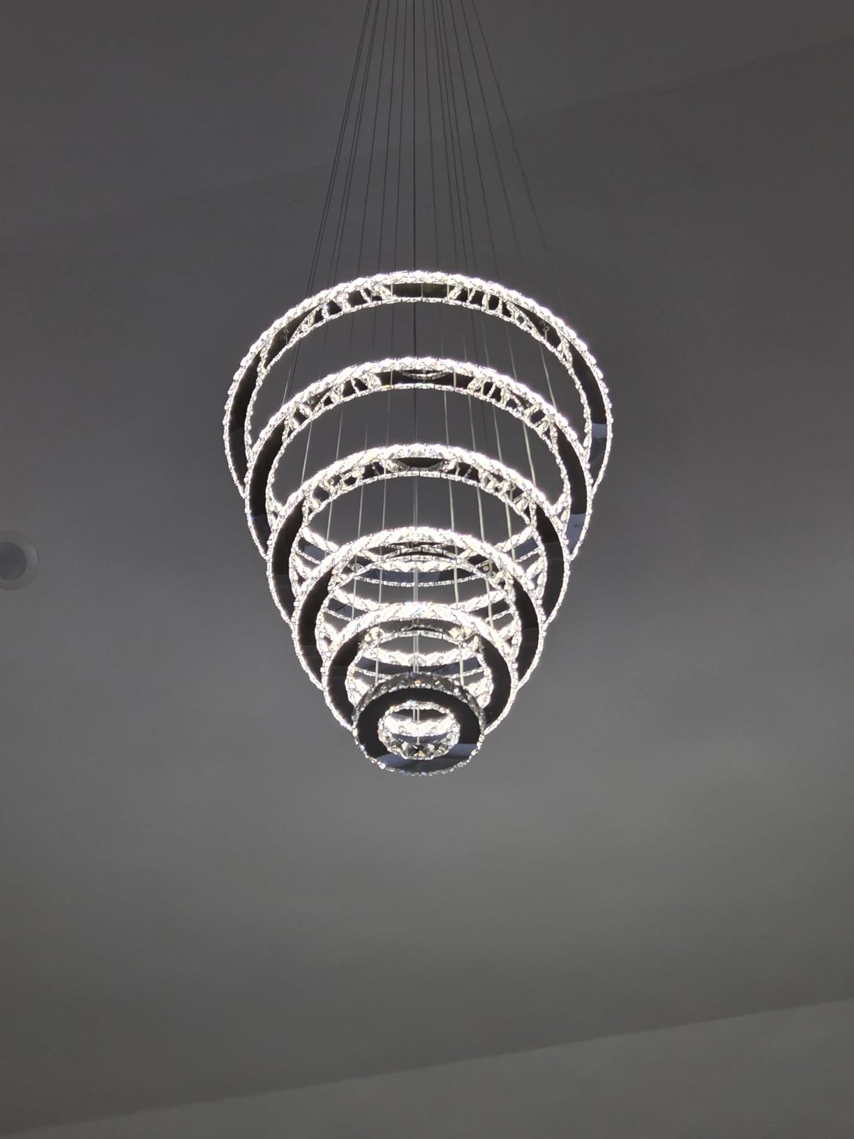 Siljoy Modern Crystal Chandelier Lighting, 6 Ring Chandelier LED Ceiling Lights Fixtures with 3-Color, High Ceiling Foyer Chandeliers for Living Room Dining Room Staircase, D8-12-16-20-24