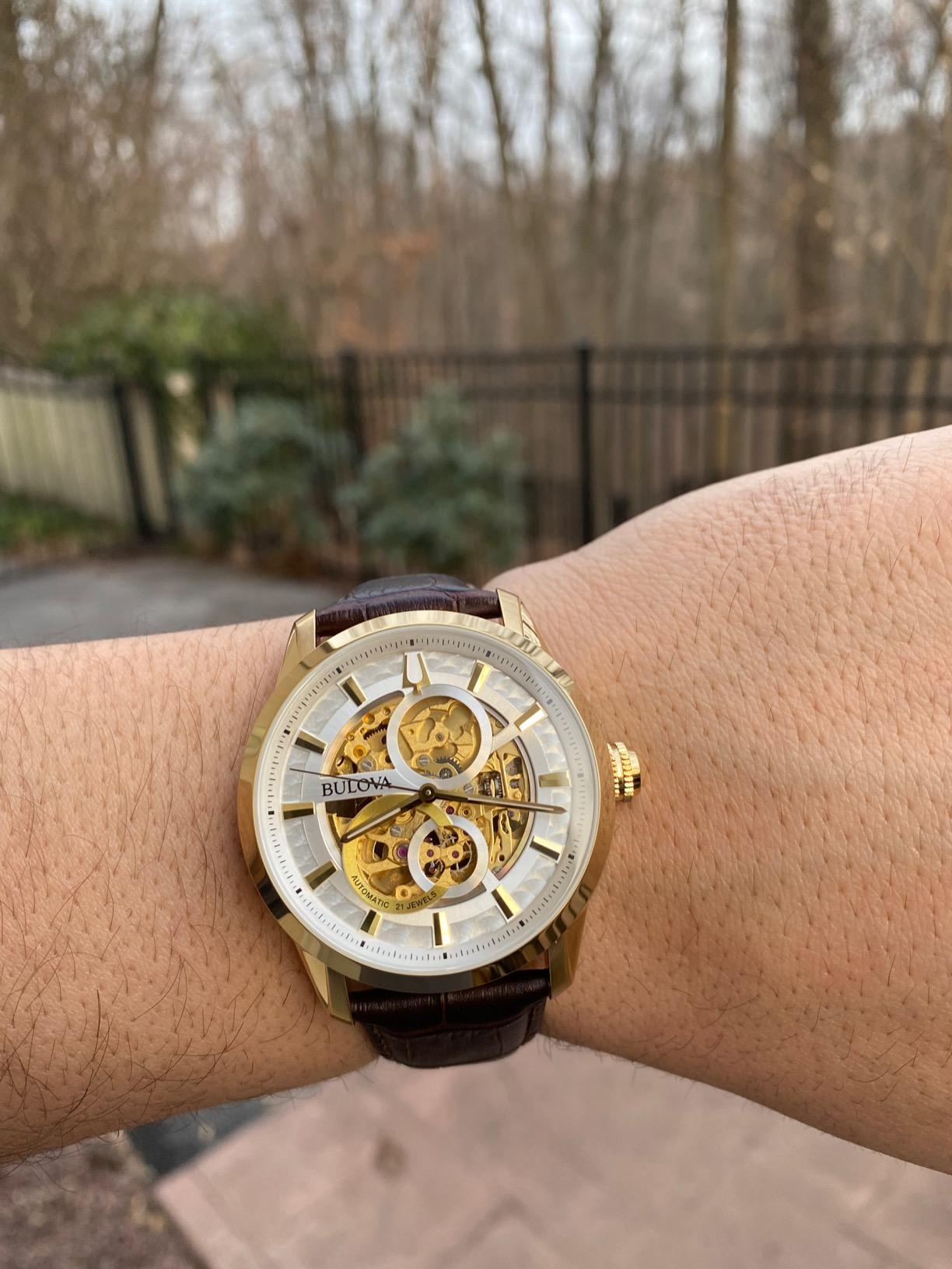 Bulova Men's Classic Sutton Automatic Skeleton Dial Brown Leather Strap Watch | 43mm | 97A138 customer photo 2