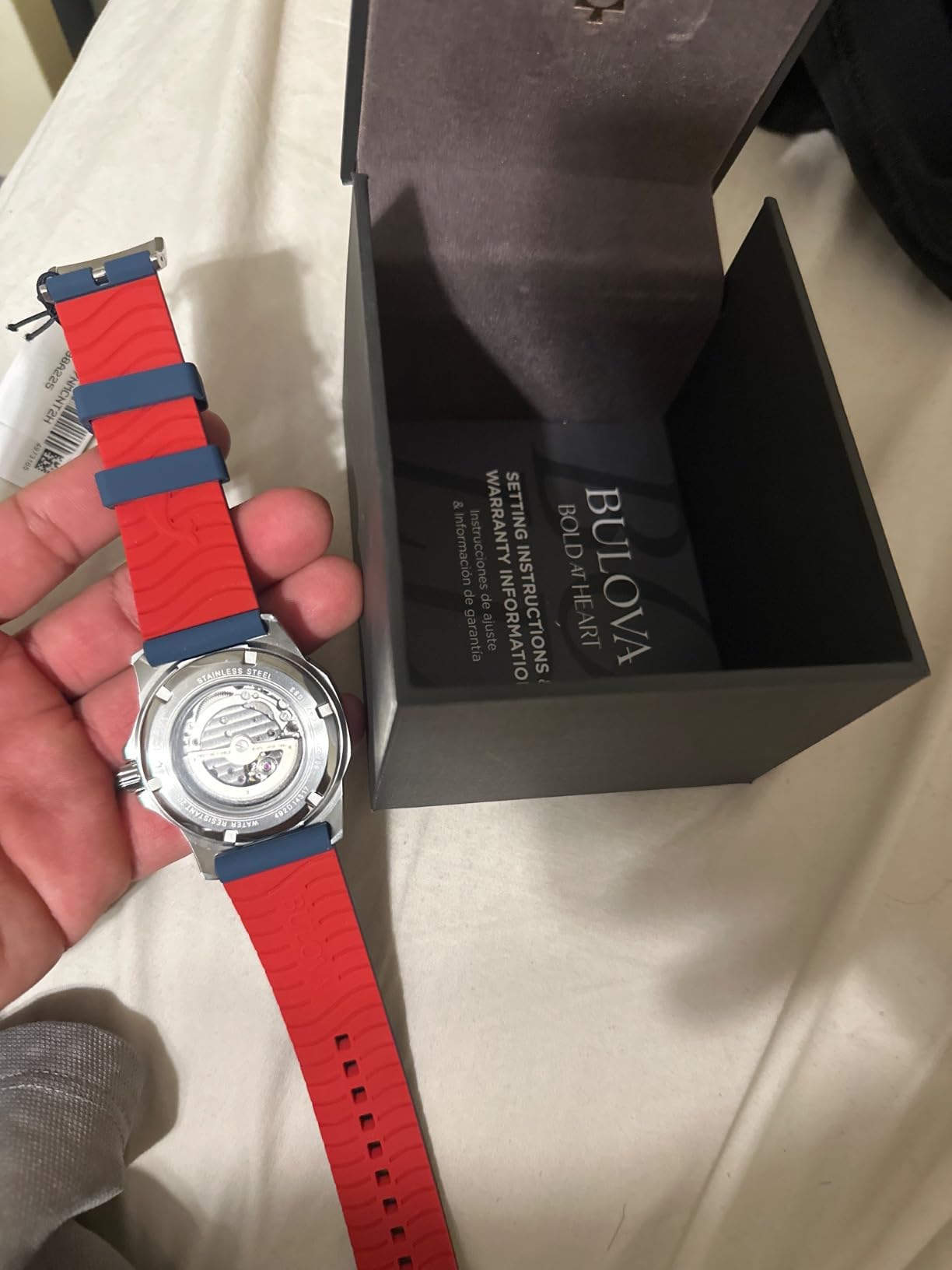 Bulova Men's Marine Star 'Series A' Automatic Stainless Steel Case with Blue Textured Silicone Strap, Open Aperture, Silver White Dial Model: 98A225 customer photo 1
