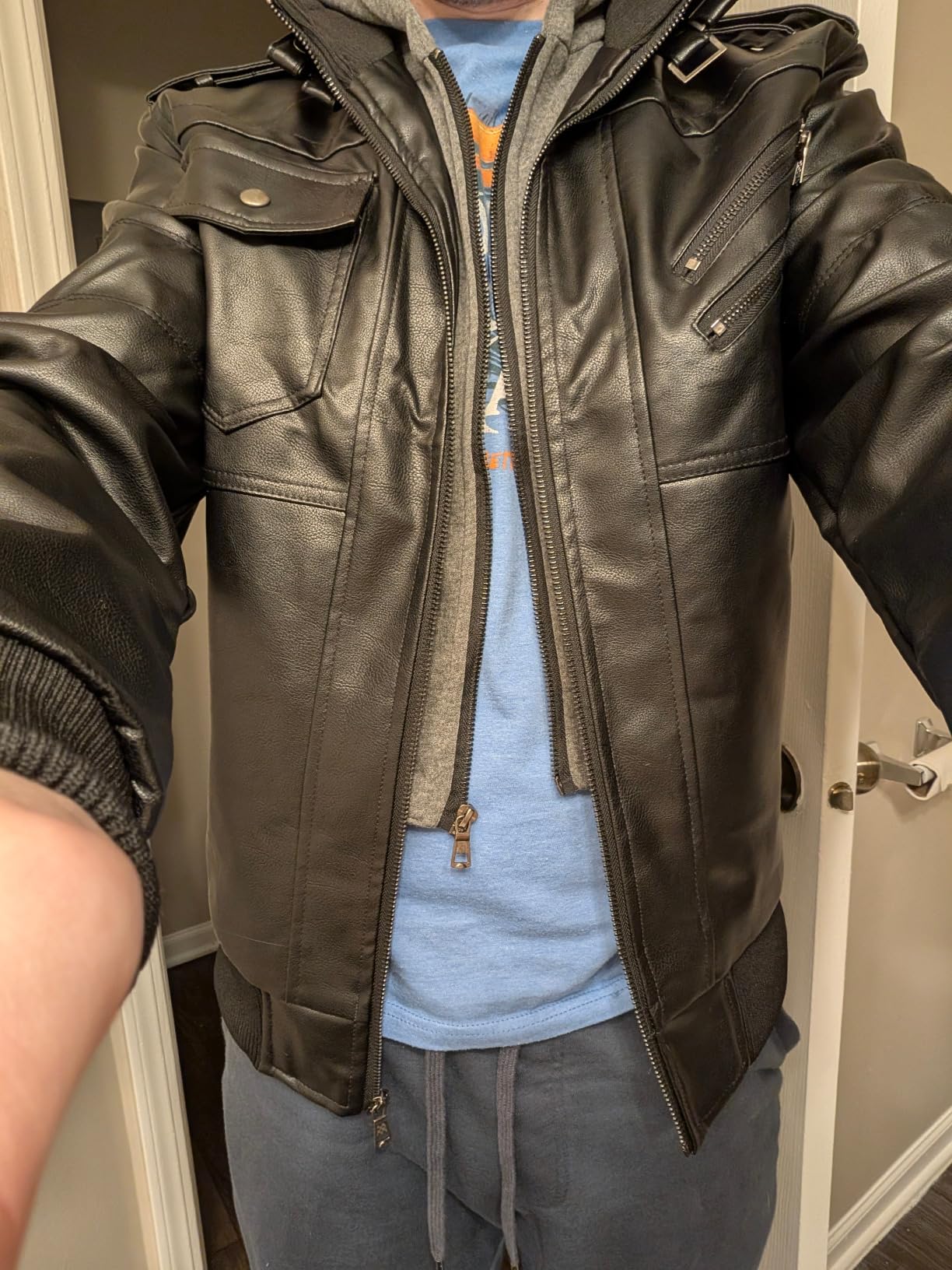 HOOD CREW Men’s Casual Stand Collar PU Faux Leather Zip-Up Motorcycle Bomber Jacket With a Removable Hood customer photo 2