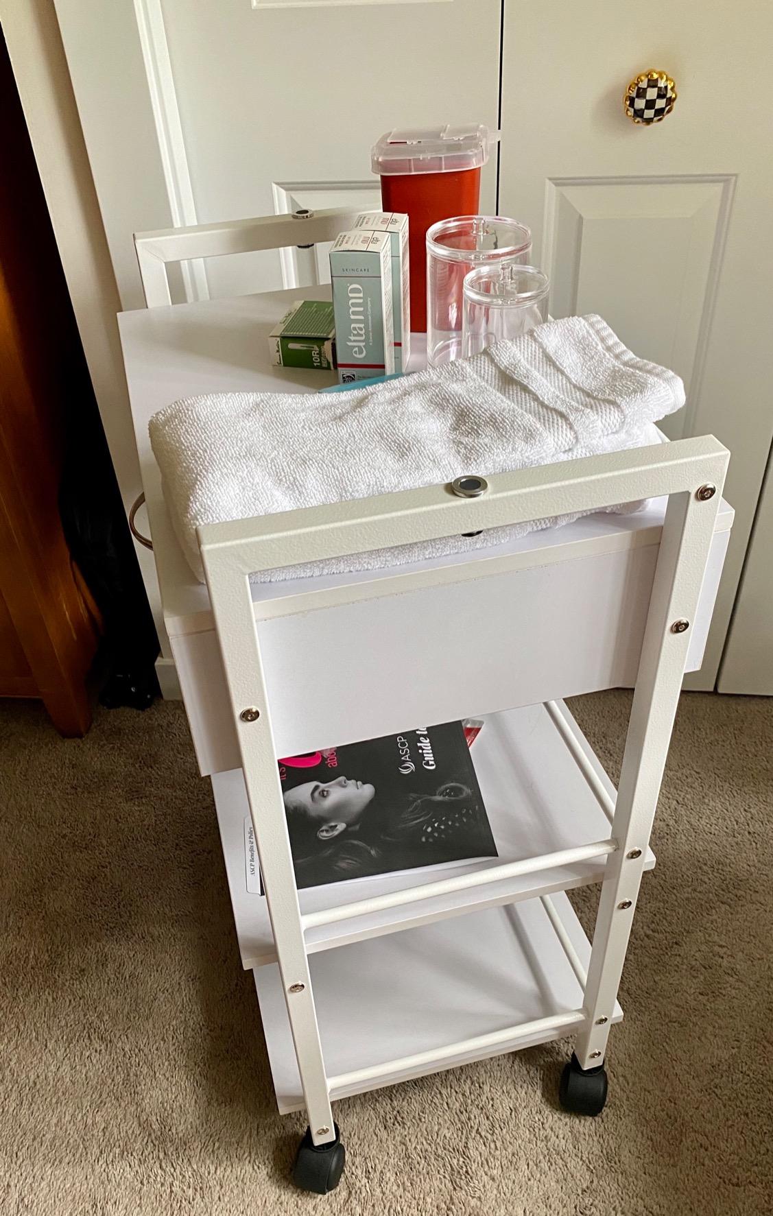Salon Trolley Cart with Wheels, Wooden Rolling Storage Station, Mobile Utility Cabinet with 1 Drawer 2 Trays, Medical Esthetic Supply for Beauty SPA Massage Tattoo Facials, White customer photo 2