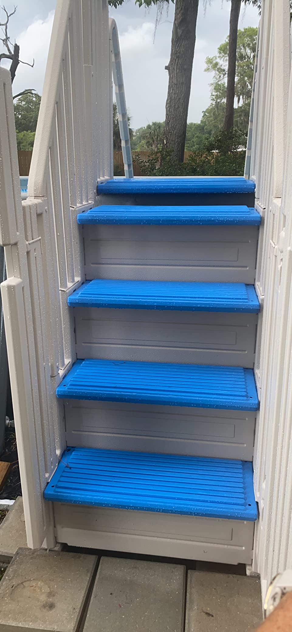 Confer Plastics Step Enclosure System: Above Ground Entry System, Dual Handrails, Slip-Resistant Steps, Supports 400 lbs, Easy Install – Made in USA, Warm Grey with Blue Step-1X Treads customer photo 1