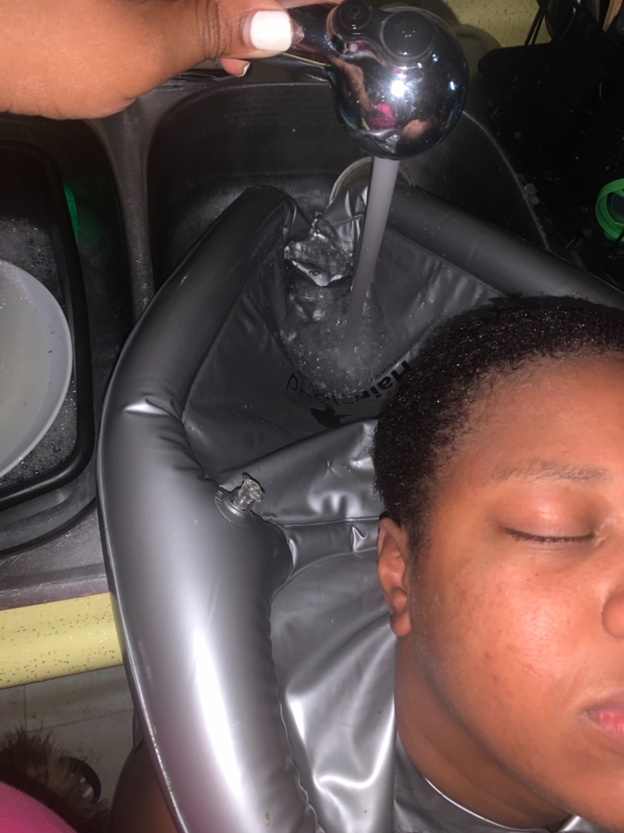 Inflatable Hair Washing Funnel for Shampooing Hair in Any Chair and Basin. Portable Tray Device to Use at Home, in Salon, Nursing Home or Hospital Cape to Help Keep Clothes Dry Pump Included! customer photo 1