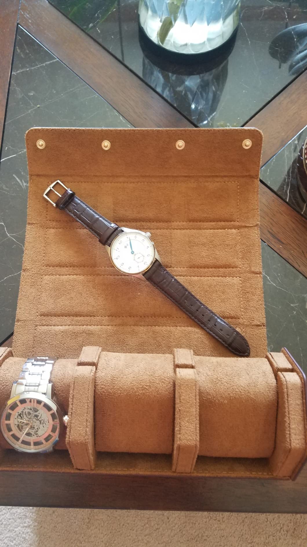 QWATCHBANDS Leather Watch Roll Travel Case for 3 Watches, Gray/Blue customer photo 1