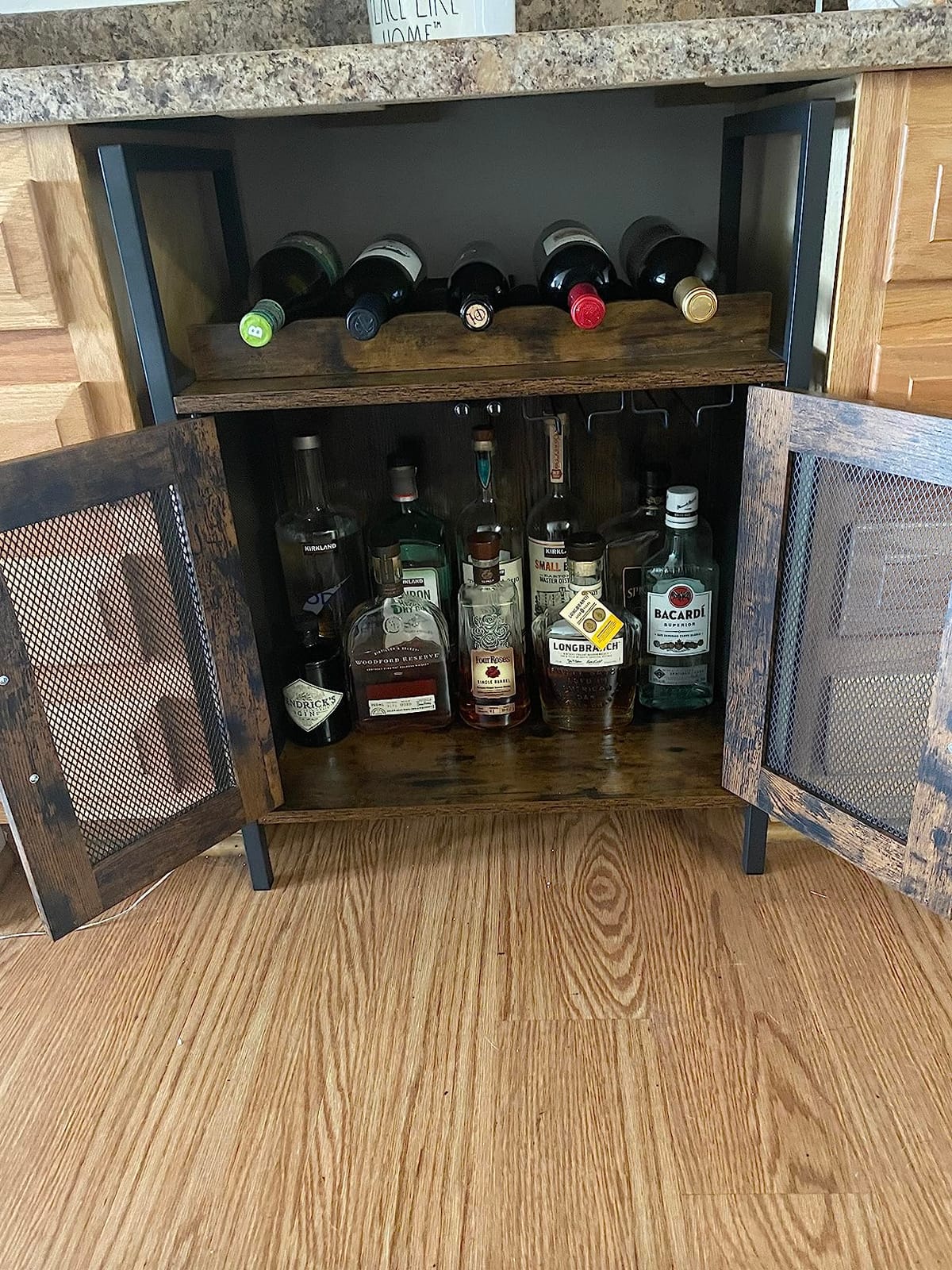X-cosrack Wine Bar Rack Cabinet with Detachable Wine Rack, Coffee Barwith Glass Holder, Small Sideboard and Buffet Cabinet with Mesh Door, Rustic Brown(Patent Pending) customer photo 1