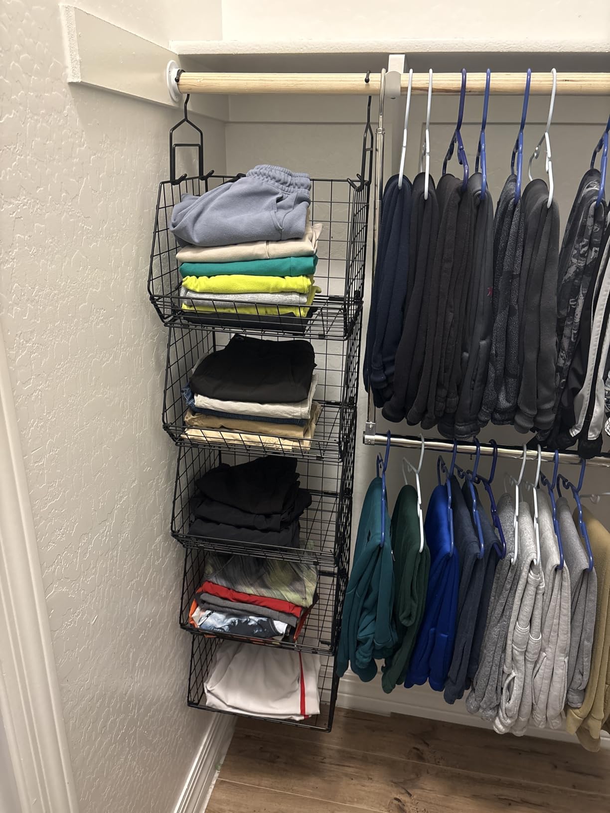 X-cosrack 5 Tier Closet Hanging Organizer, Clothes Hanging Shelves with 4 Hanging Hooks 5 S Hooks, Wire Storage Basket Bins, for Clothing Sweaters Shoes Handbags Clutches Accessories Patent Design customer photo 1