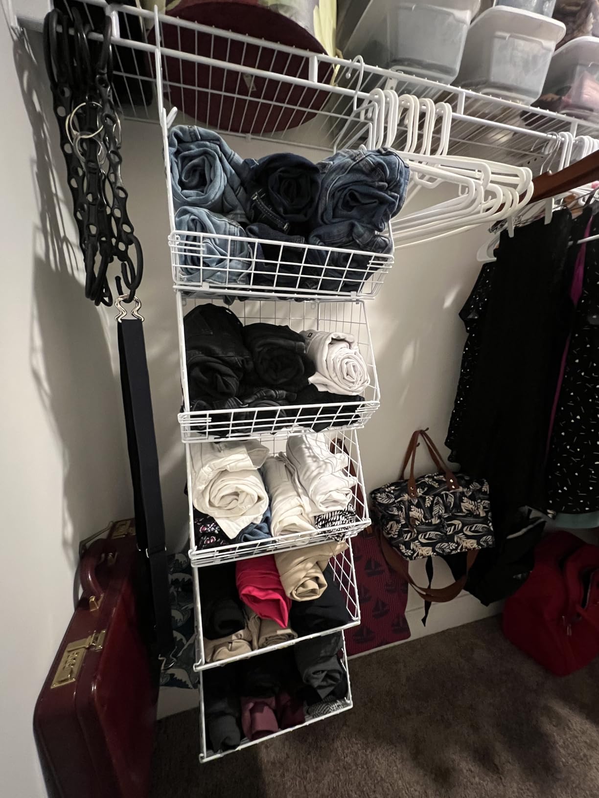 X-cosrack 5 Tier Closet Hanging Organizer, Clothes Hanging Shelves with 4 Hanging Hooks 5 S Hooks, Wire Storage Basket Bins, for Clothing Sweaters Shoes Handbags Clutches Accessories Patent Design customer photo 2
