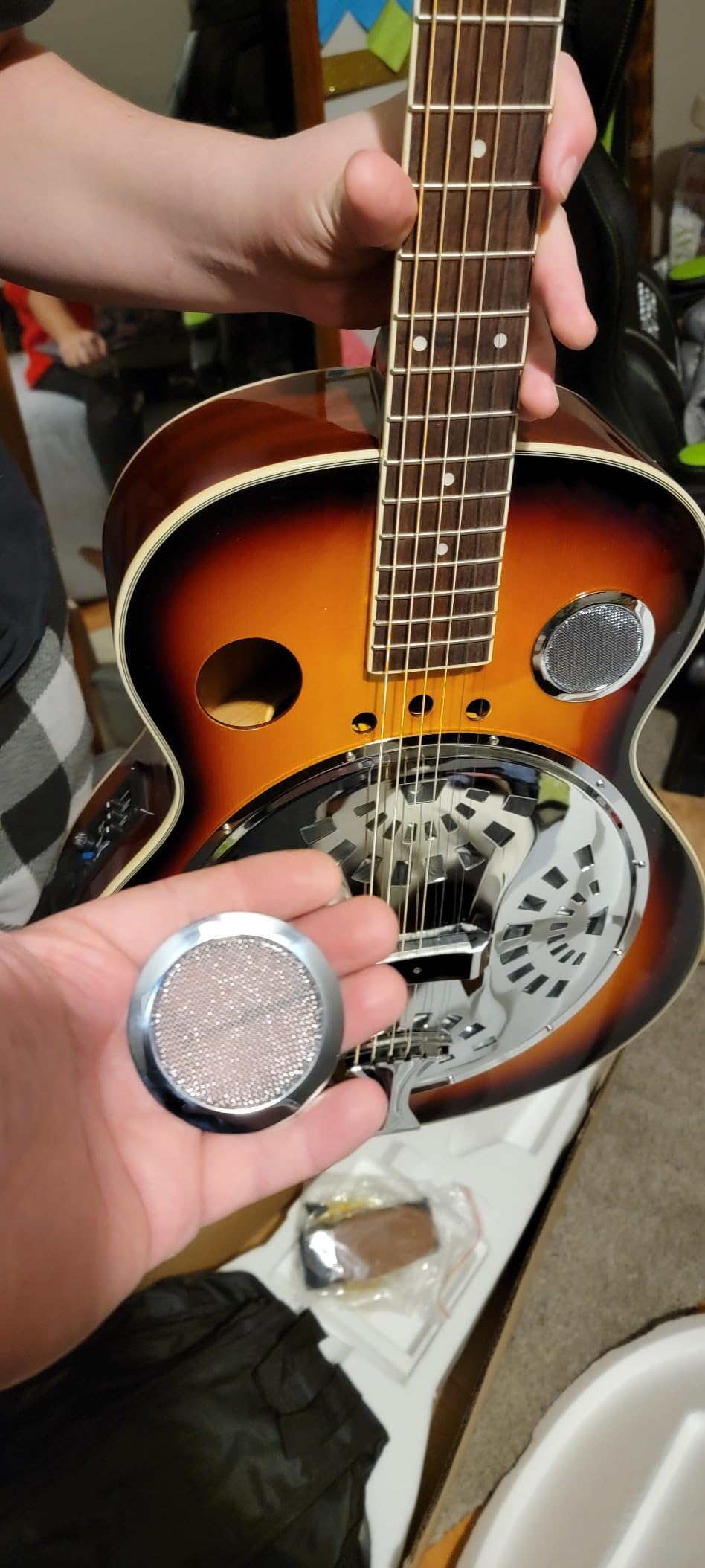 Resophonic Resonator Acoustic Electric Guitar Kit, 6 String Round Neck Sunburst Wood Body Guitar for Blues, Country & Slide, Built-in Preamp, Metal Cone, Gig Bag, Strap, Tuner, Strings & Picks customer photo 2