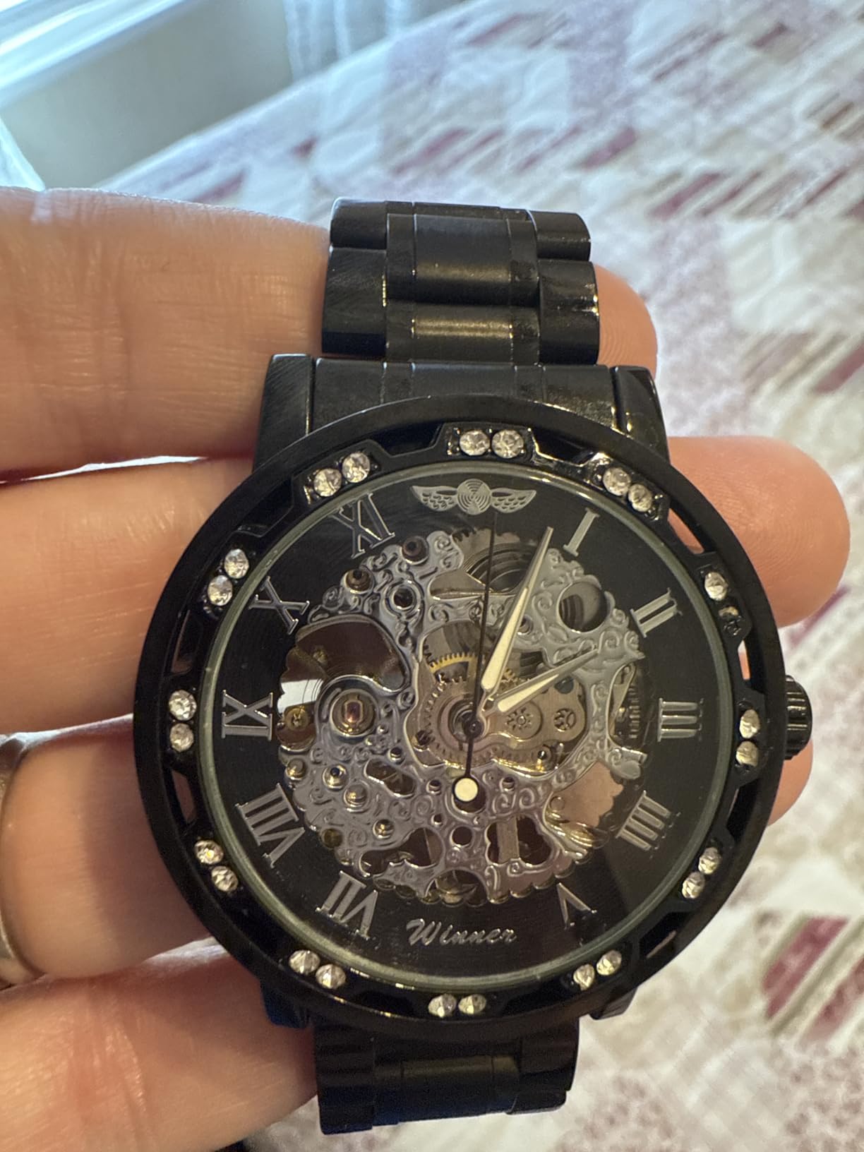 Winner Retro Manual Mechanical Skeleton Watch with Diamond and Carving Flower Craft Men Skeleton Wrist Watch Mechanical Classic Roman Number customer photo 1