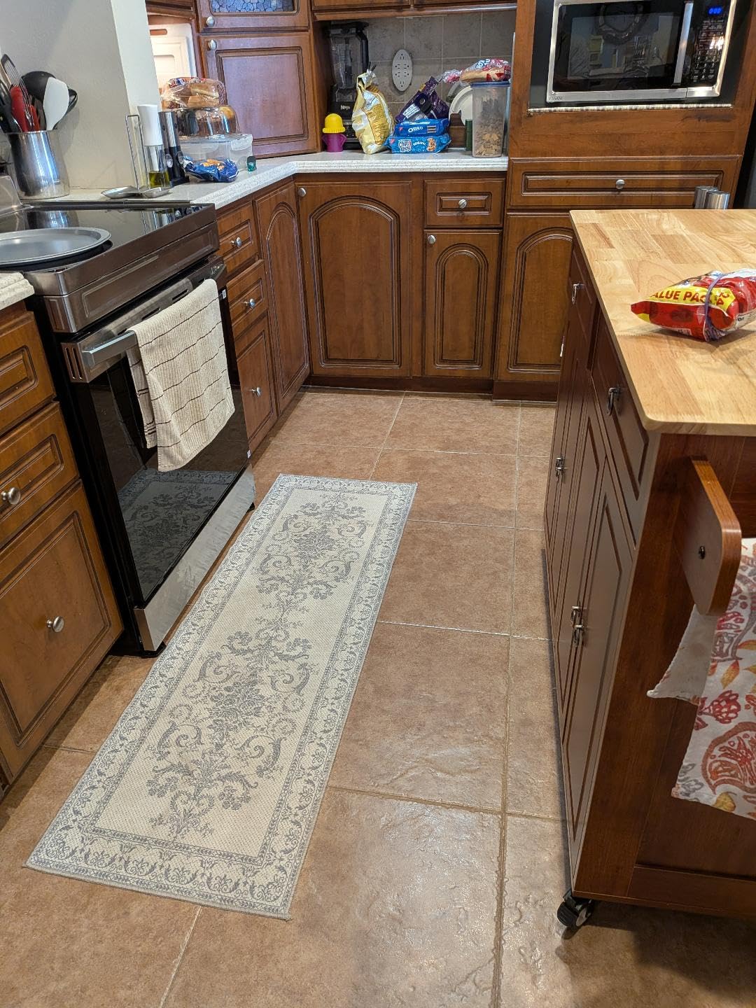 Qsun Kitchen Island with Drop Leaf and Storage, on Wheels Two Drawers, Large Storage Cabinet, Towel Rack Spice Cart Brown customer photo 2