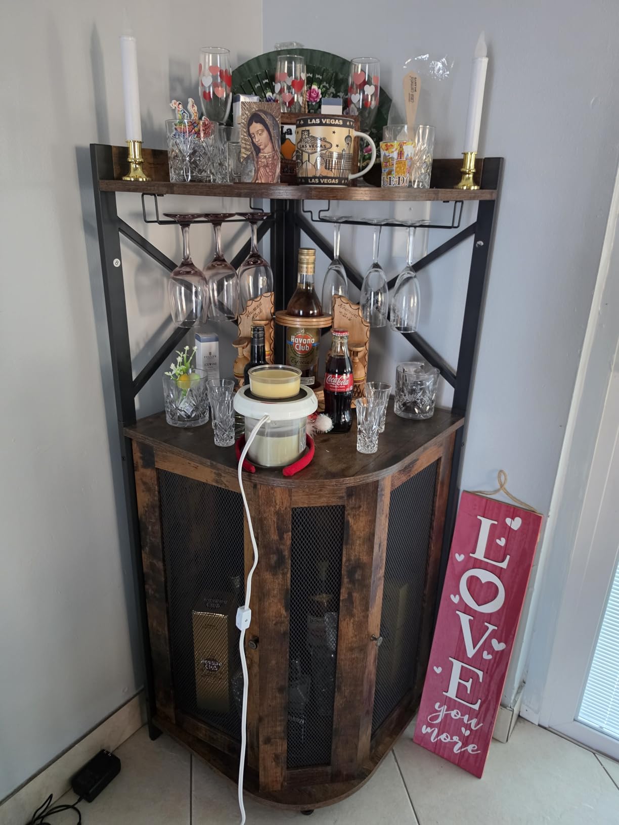 JKsmart Corner Bar Cabinet with LED Lights,Industrial Wine Cabinet with Glass Holder,4-Tier Wine Cabinet with Door and Shelf,Farmhouse Home Bar for Liquor Wine Coffee Storage,Rustic Brown customer photo 1