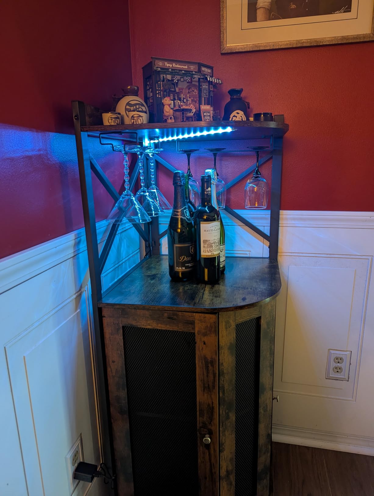 JKsmart Corner Bar Cabinet with LED Lights,Industrial Wine Cabinet with Glass Holder,4-Tier Wine Cabinet with Door and Shelf,Farmhouse Home Bar for Liquor Wine Coffee Storage,Rustic Brown customer photo 2
