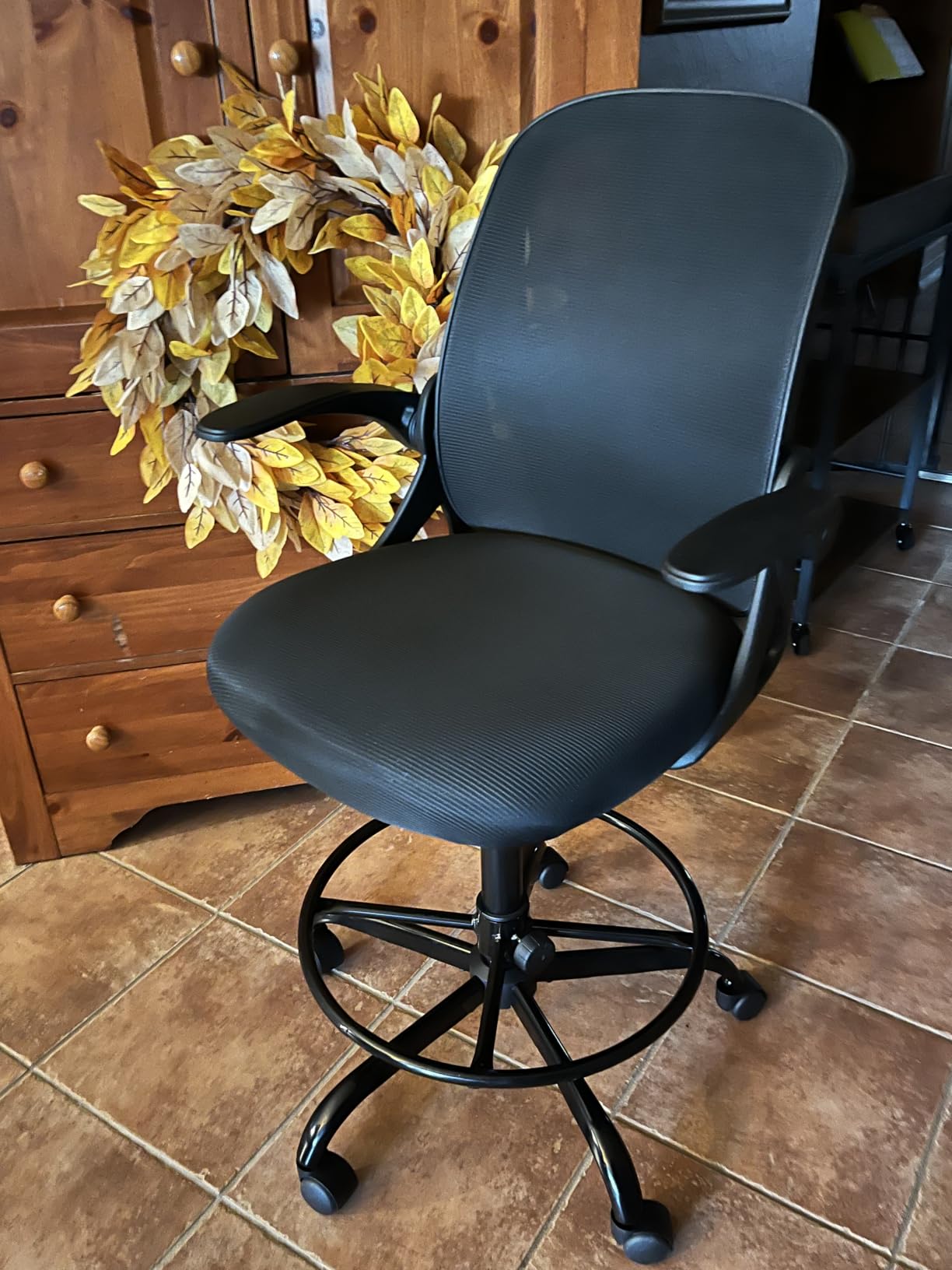 Primy Drafting Chair Tall Office Chair with Flip-up Armrests Executive Ergonomic Computer Standing Desk Chair with Lumbar Support and Adjustable Footrest Ring (Black) customer photo 2