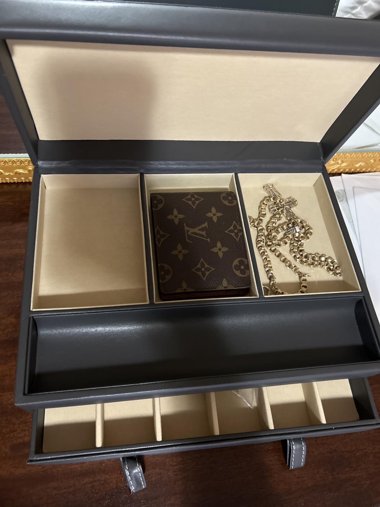 Stock Your Home Mens Valet Tray, Men's Jewelry Box, Night Stand Organizers and Storage, Bedside Table Organizer, Watch Box for Dresser, Faux Leather (Black & Gray) customer photo 2