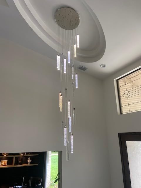 12-Lights Modern Chandeliers for Entryway High Ceiling Chandelier LED Dimmable Long Lights Fixture Pendants Lighting Crystal Chandeliers for Hallway Foyer Living Room Silver Finished Lighting customer photo 2