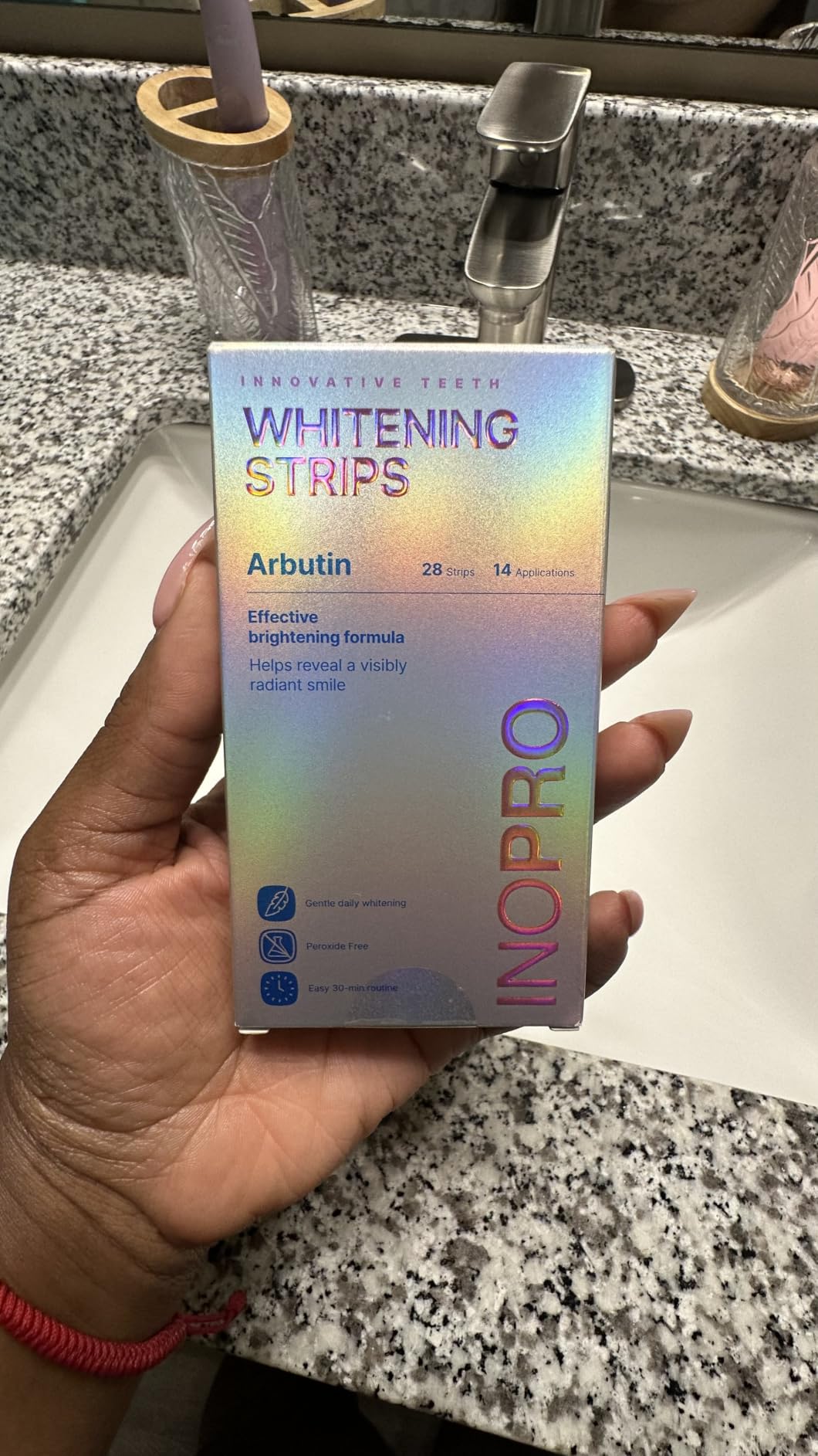 InoPro Teeth Whitening Strips 14 Treatments Kit - Enamel Safe Teeth Whitener, Peroxide-Free, Green White Strips for Teeth Whitening with Arbutin, Coconut Oil, Deep Stains Removal (28 Strips) customer photo 1