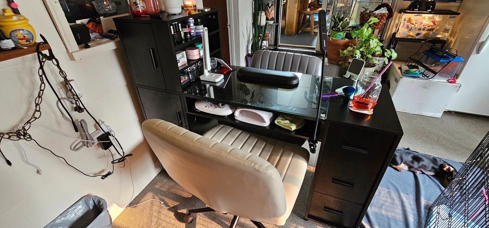 OmySalon Manicure Table Nail Desk for Nail Tech w/Glass Top & Wrist Rest, Beauty Salon Nail Supplies Decor Workstation Acetone Resistant w/3 Side Cabinet+3 Drawers+3 Layers Open Cabinet+1 Open Drawer customer photo 2