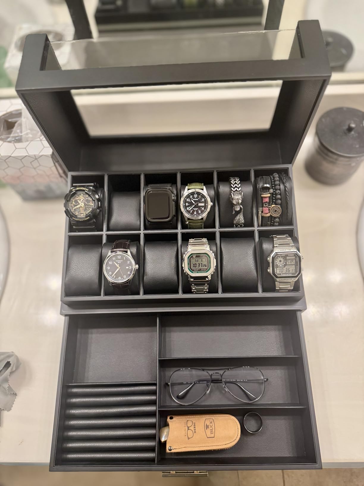 KAMIER High End Watch Box for Men, 12 Slot Wooden Watch Case With Drawer customer photo 2