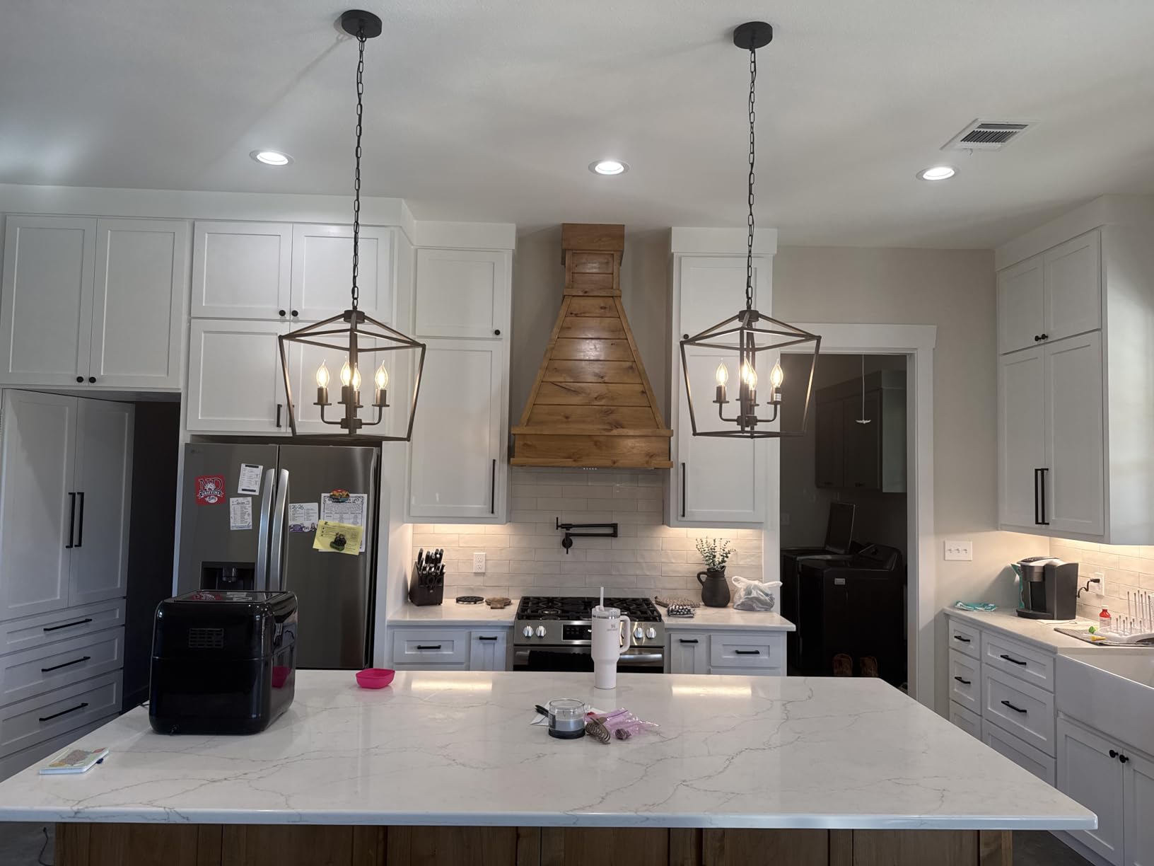 Industrial 4 Lights Chandelier, Gold Lantern Ceiling Light Fixtures with Rustic Metal Cage Adjustable Height Farmhouse Geometric Hanging Light for Kitchen Island, Dining Room, Entryway, UL Listed customer photo 2