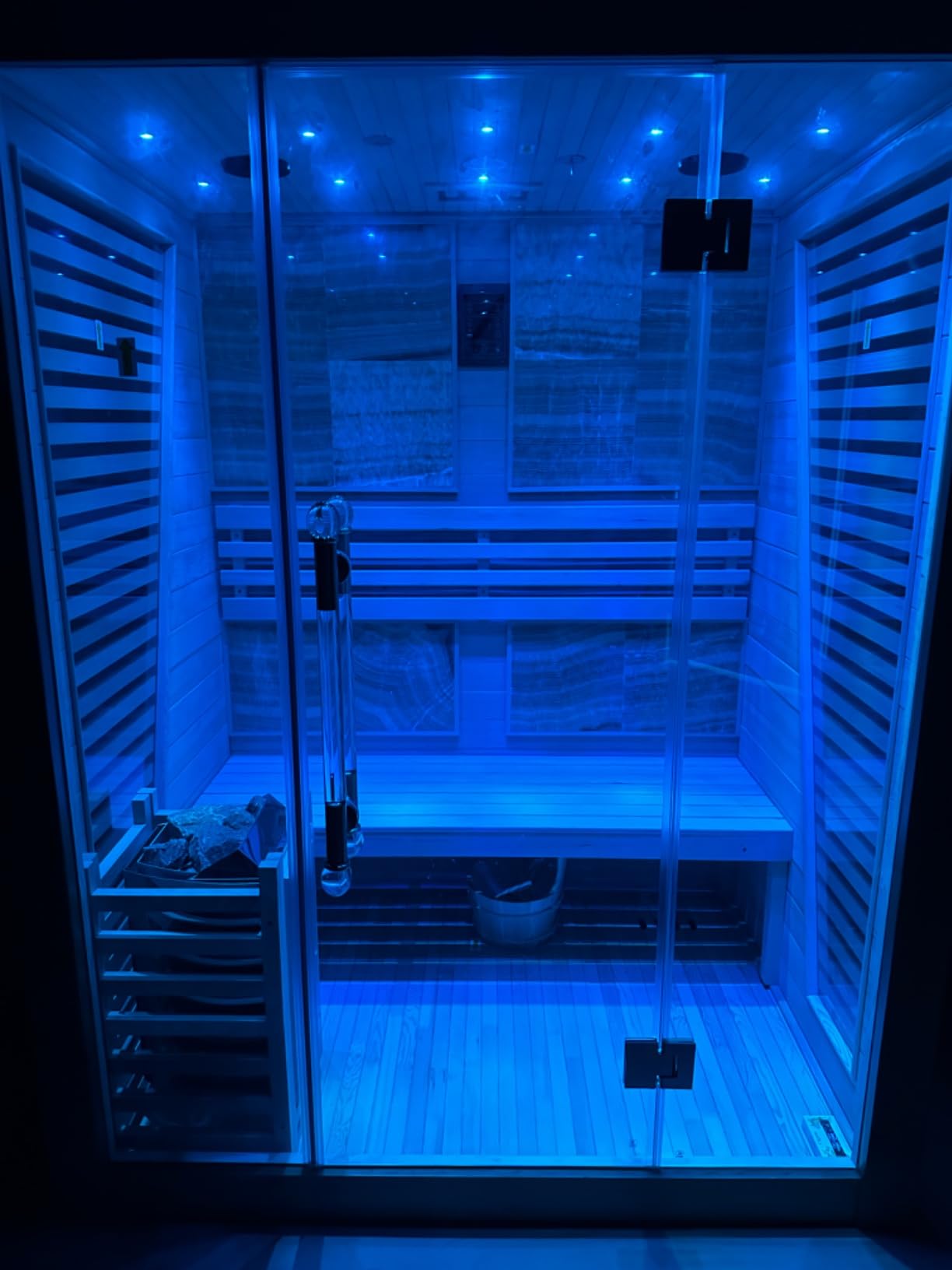 Smartmak 3 Person Traditional Steam Sauna, Luxurious Canadian Hemlock Wood Indoor Spa Room, 3.5kw Harvia Stove with Volcanic Rocks, Bluetooth Music Speakers, Light,Wooden Bucket, Scoop, US Instock customer photo 1
