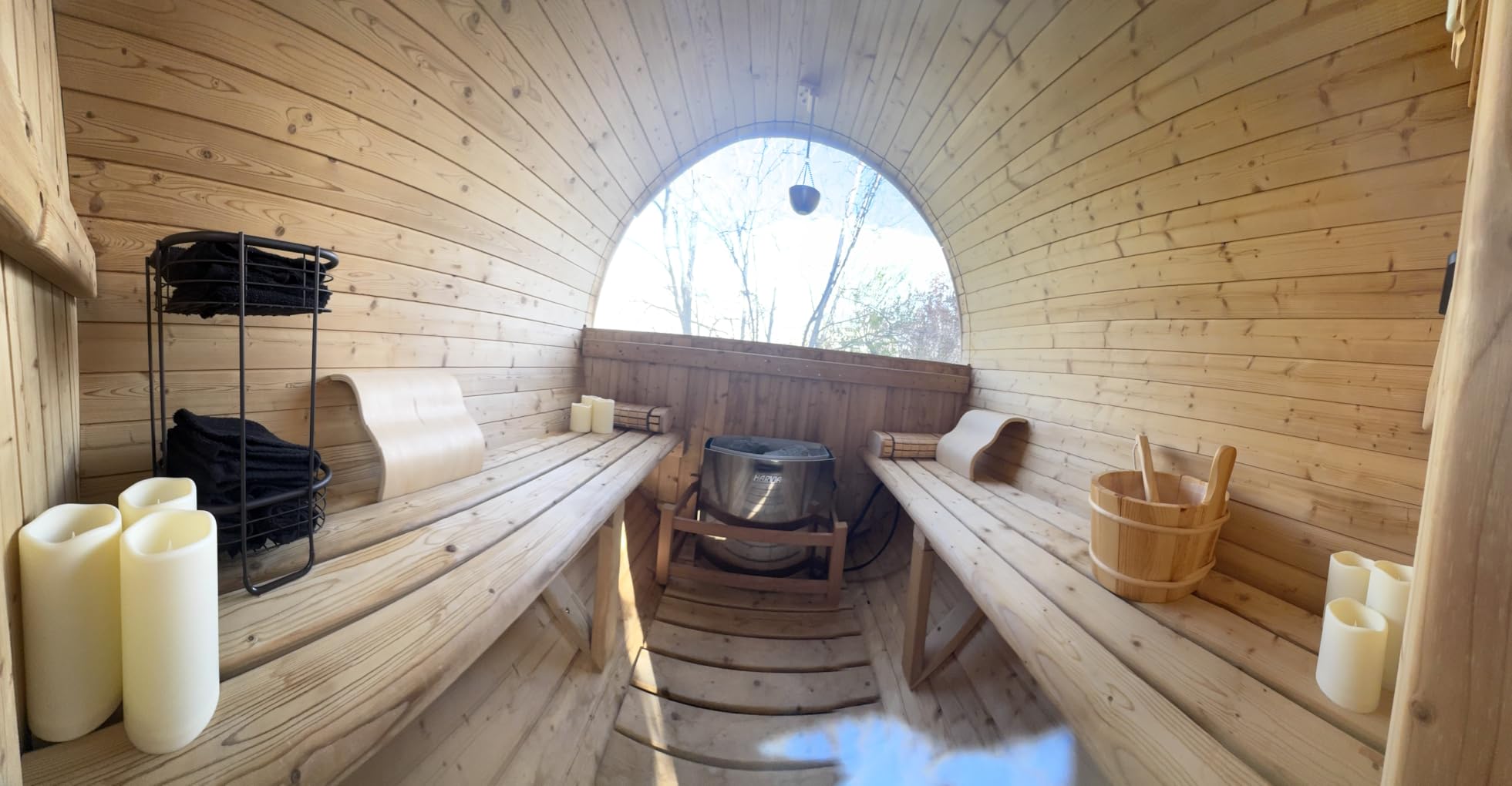 WOODBRIDGE 4-Person Luxury Finland Thermo Pine Outdoor Barrel Sauna with Half View Window,Harvia Electric Heater with Sauna Stone, Sauna Accessories Kit and Asphalt Shingle Roof, 4'x6', OBS1818 customer photo 1