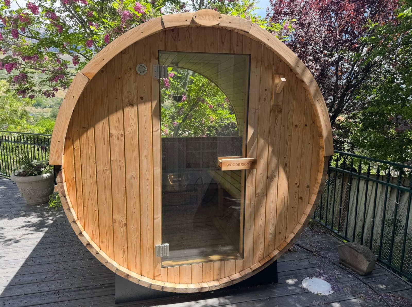 WOODBRIDGE 4-Person Luxury Finland Thermo Pine Outdoor Barrel Sauna with Half View Window,Harvia Electric Heater with Sauna Stone, Sauna Accessories Kit and Asphalt Shingle Roof, 4'x6', OBS1818 customer photo 2