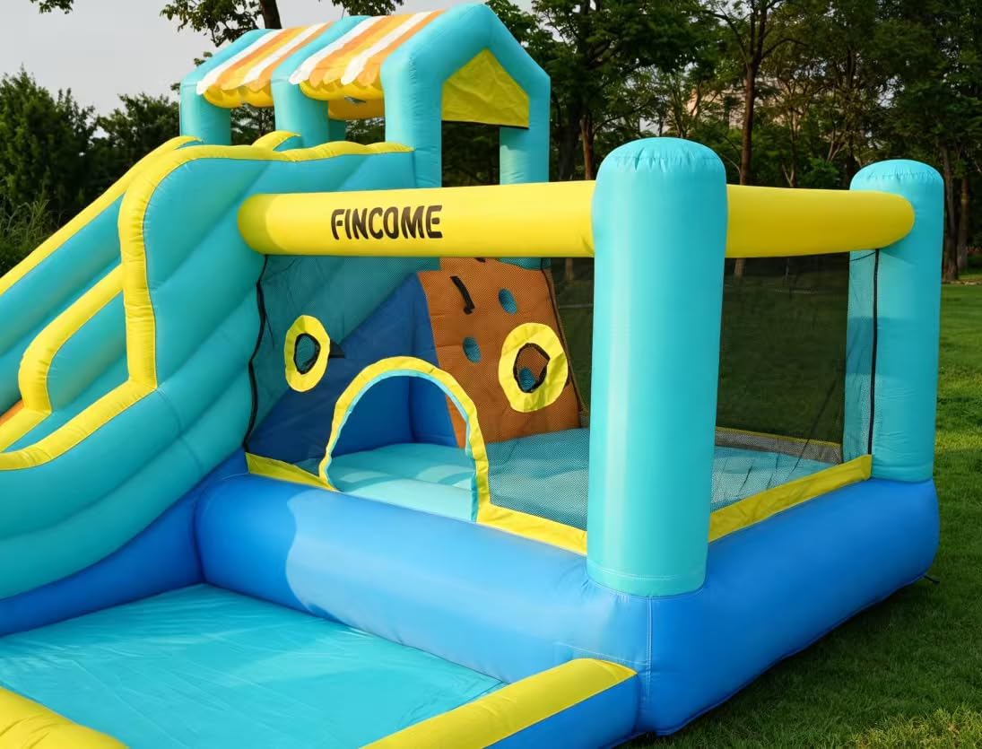 FINCOME Inflatable Bounce House, 10 in 1 Double Water Slide Bounce House with 750W Blower, Climbing Wall, Jumping, Water Gun, Splash Pool, Basketball Hoop for Kids Indoor Outdoor Backyard customer photo 2