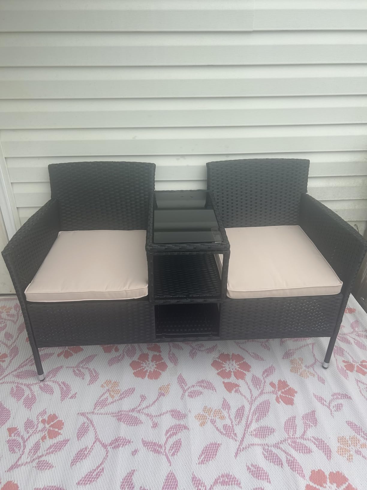Devoko Outdoor Patio Loveseat Rattan 2-Seat Patio Conversation Set, Beige customer photo 2