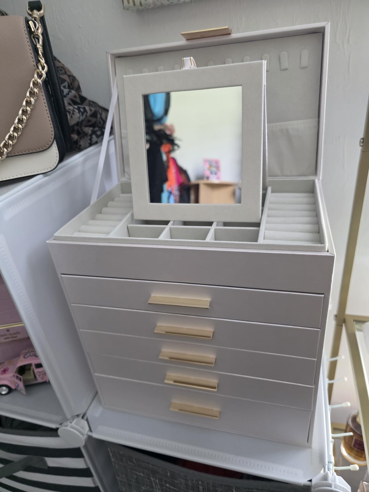 BOOVO Jewelry Boxes for Women, White and Black 6 Layer Large Jewelry Box for Necklace, Bracelet, Earrings, Rings Storage, Jewelry holder Organizer for Girls Gift (Grey and Gold, 6 layer) customer photo 1