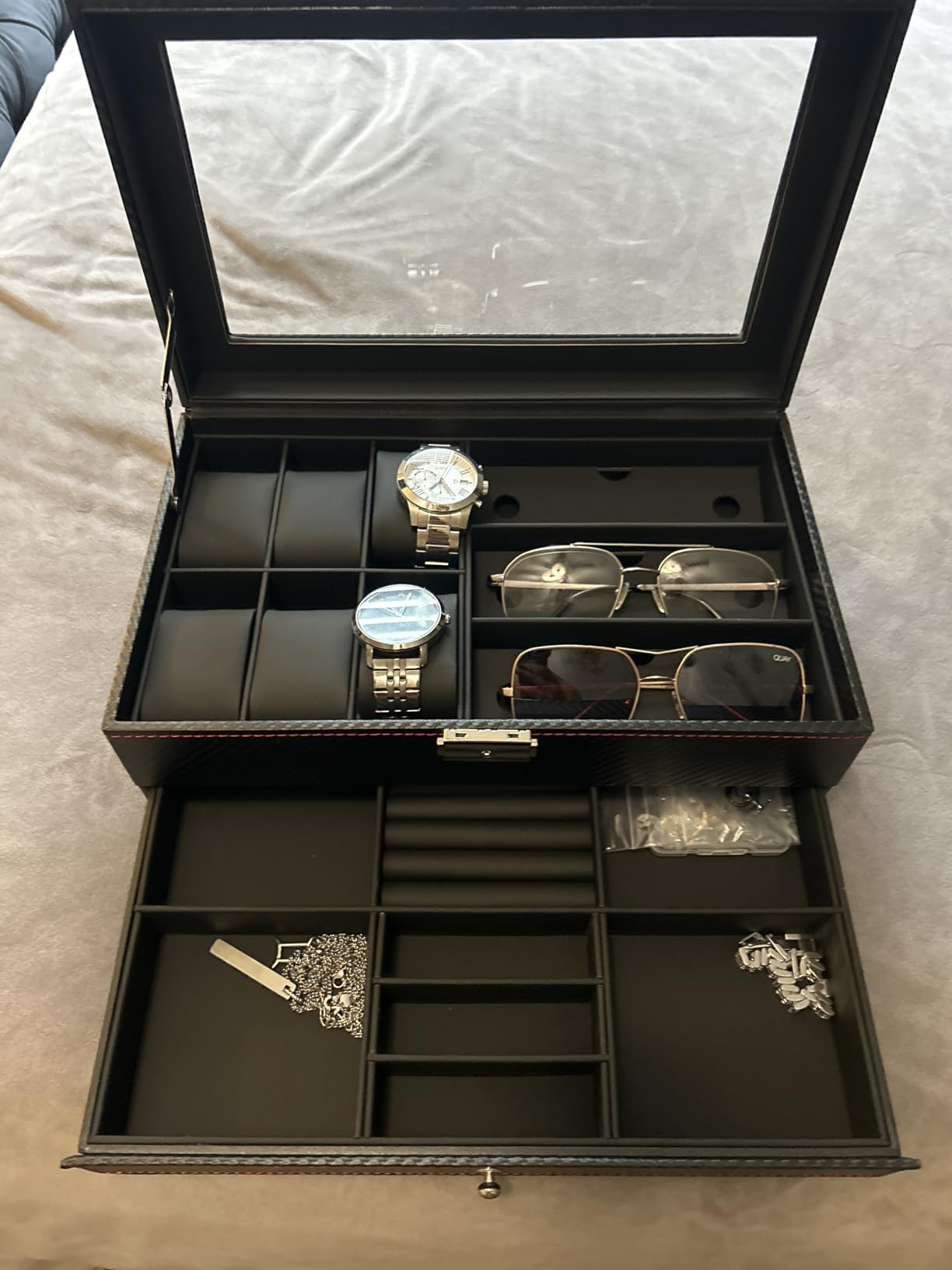 Kukikan Mens Jewelry Box Organizer, 6 Watch Slots & 3 Sunglasses -Black customer photo 1