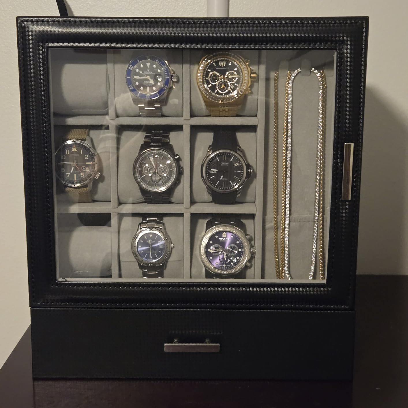 Kukikan Mens Jewelry Box Organizer, 6 Watch Slots & 3 Sunglasses -Black customer photo 2