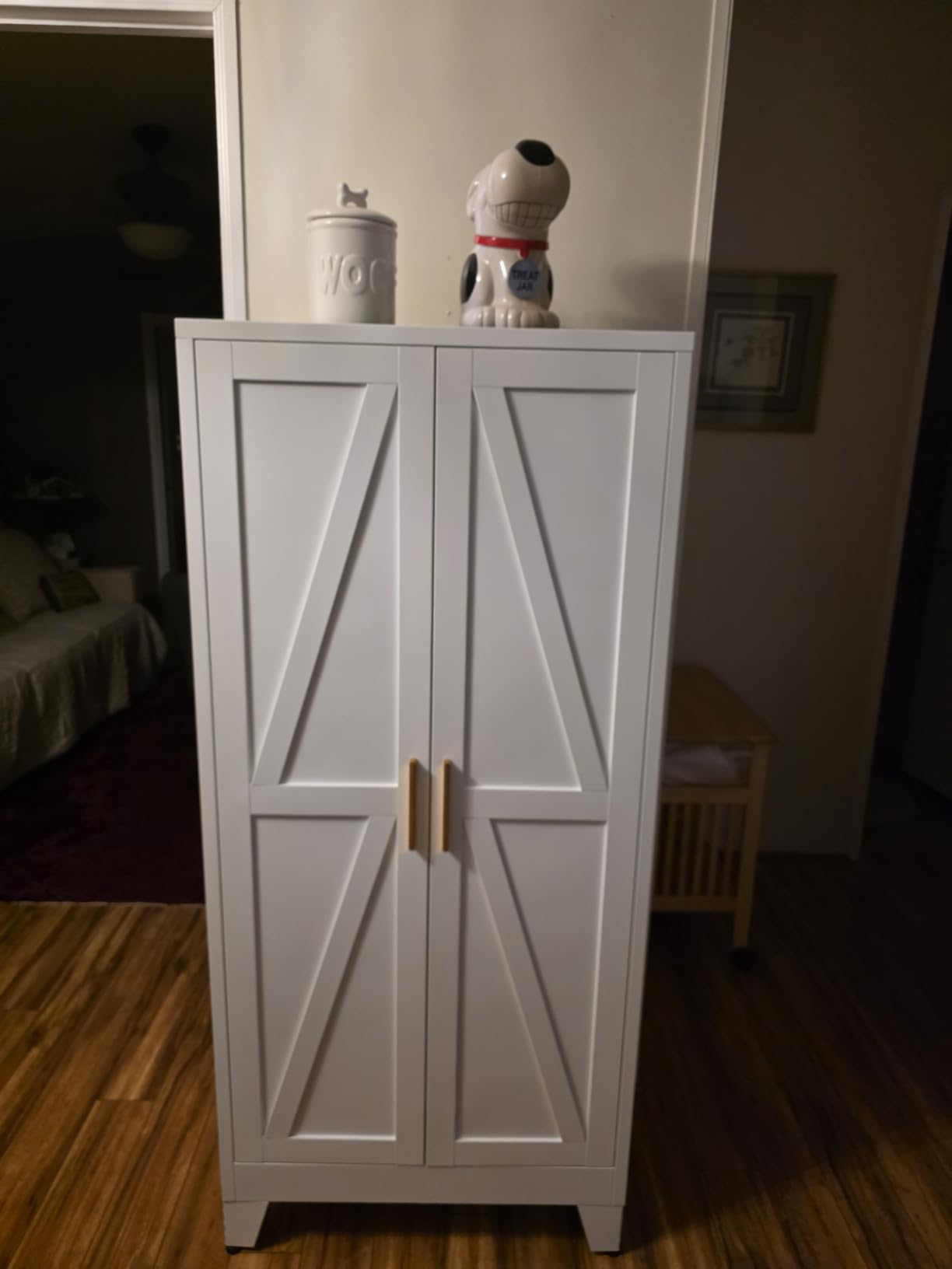 COFaR White Farmhouse Storage Kitchen Pantry Cabinet with 2 Barn Door, 3 Adjustable Shelves and Legs, for Cupboard/Dining Room/Bathroom/Living Room/Office/Laundry Room (White, 61