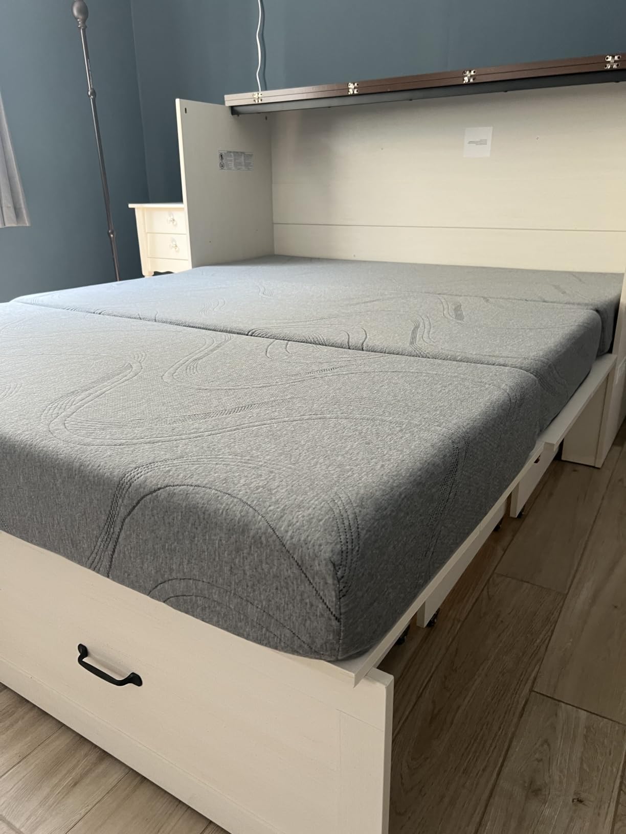 Hlivelood Full Size Murphy Chest Bed with Drawer and Charging Station, Farmhouse Wood Space-Saving Hidden Folding Beds Chest, Multifunctional Storage Cabinet Bed for Bedroom, Office, Rustic White customer photo 2
