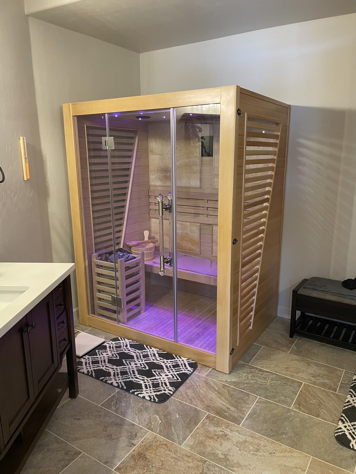 Smartmak Full Spectrum Infrared 2 Person Sauna Room, Red Light Therapy Luxury Wood Home Sauna with Recliner, Canadian Red Cedar Indoor Dry Saunas Spa, 3400W with 10 Heaters, Speaker, Light, Oxygen Bar customer photo 2