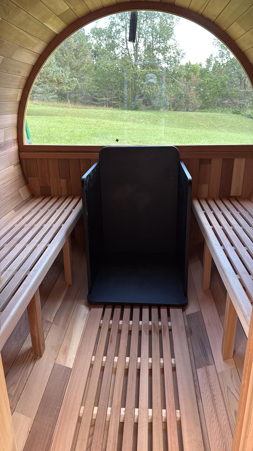 Wood Burning Sauna 4 Person, Outdoor Canadian Red Cedar Barrel Sauna with Porch, Back Half Glass Window, Triple Waterproofing System, with Volcanic Rocks, Wooden Bucket and Spoon customer photo 1