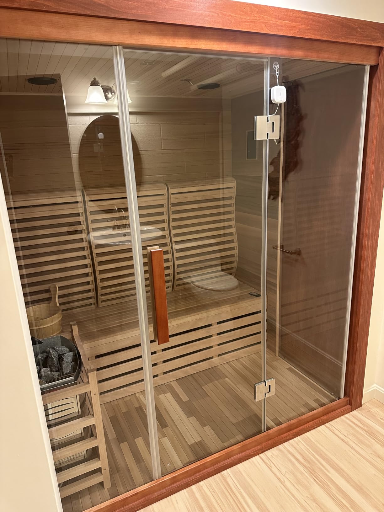 ZONEMEL 3 Person Wooden Steam Sauna Room, Traditional Red Cedar Luxurious Indoor Sona House with 6 KW Harvia Heater, Wi-Fi Controller, Bluetooth Speaker, Wooden Bucket, Scoop, Reading Light, 220V customer photo 1