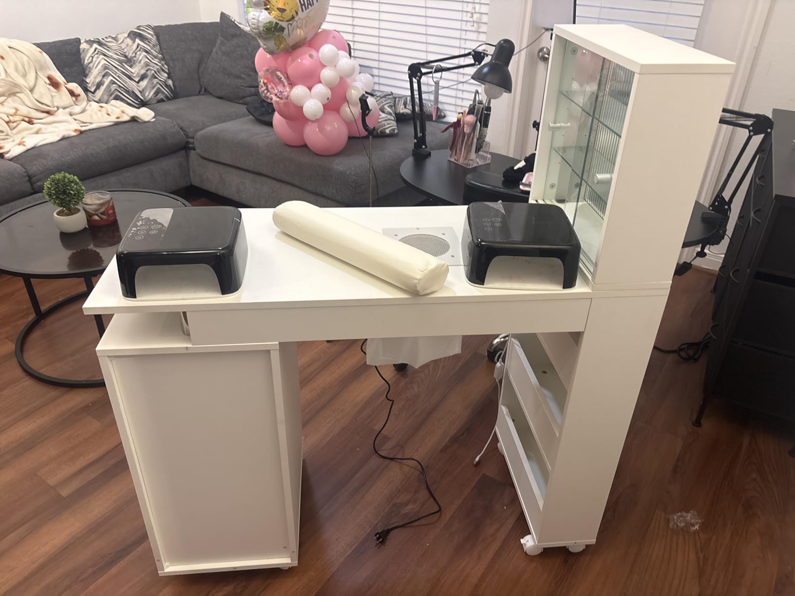 Paddie Manicure Table Nail Table with LED Light, Glass Shelf Door Nail Desk with Dust Collector & Wrist Cushion, Nail Salon Station with 2 Drawers & Cabinet for Technician Workstation(Black-New) customer photo 1