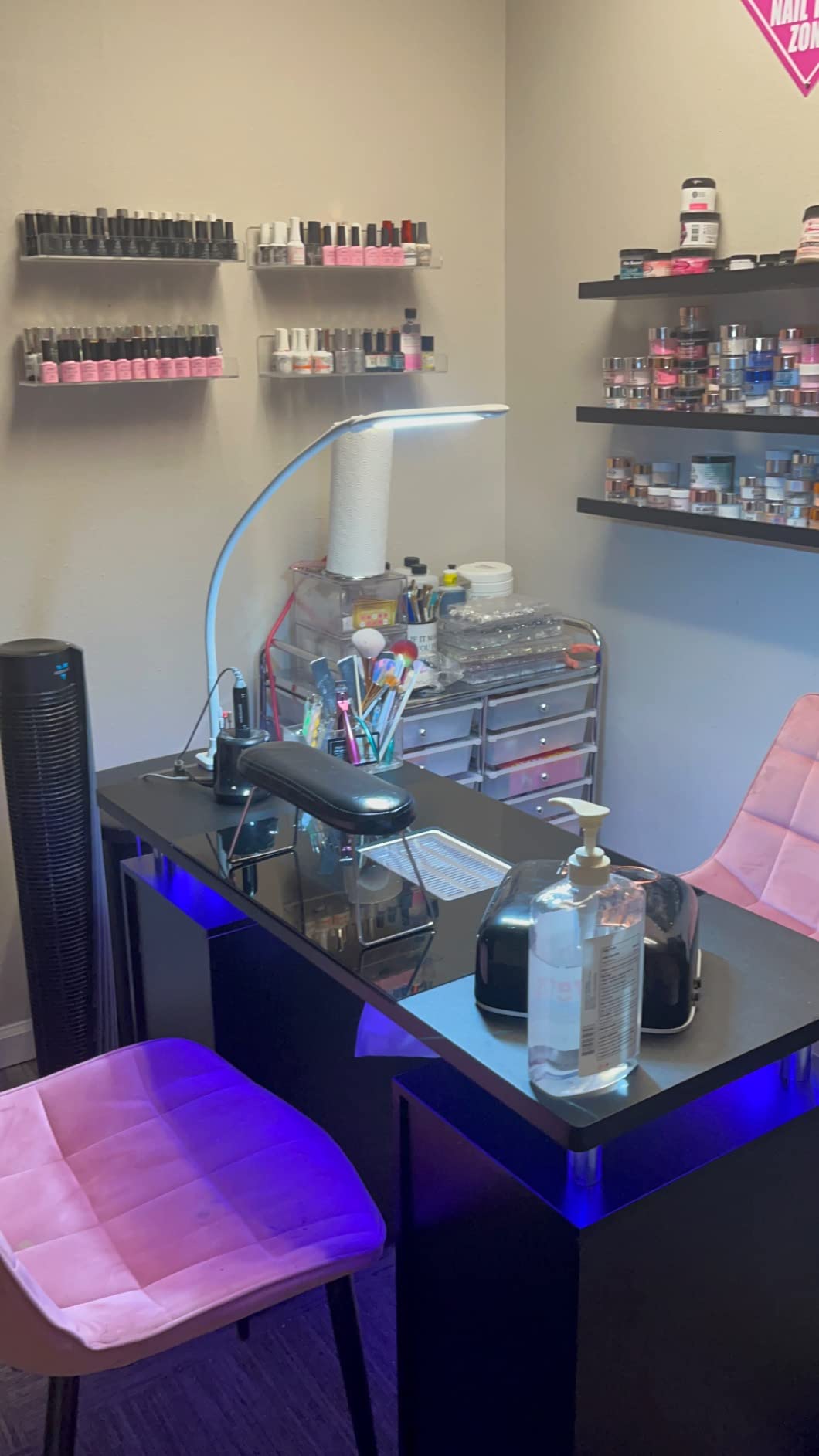 Paddie Manicure Table Nail Table with LED Light, Glass Shelf Door Nail Desk with Dust Collector & Wrist Cushion, Nail Salon Station with 2 Drawers & Cabinet for Technician Workstation(Black-New) customer photo 2