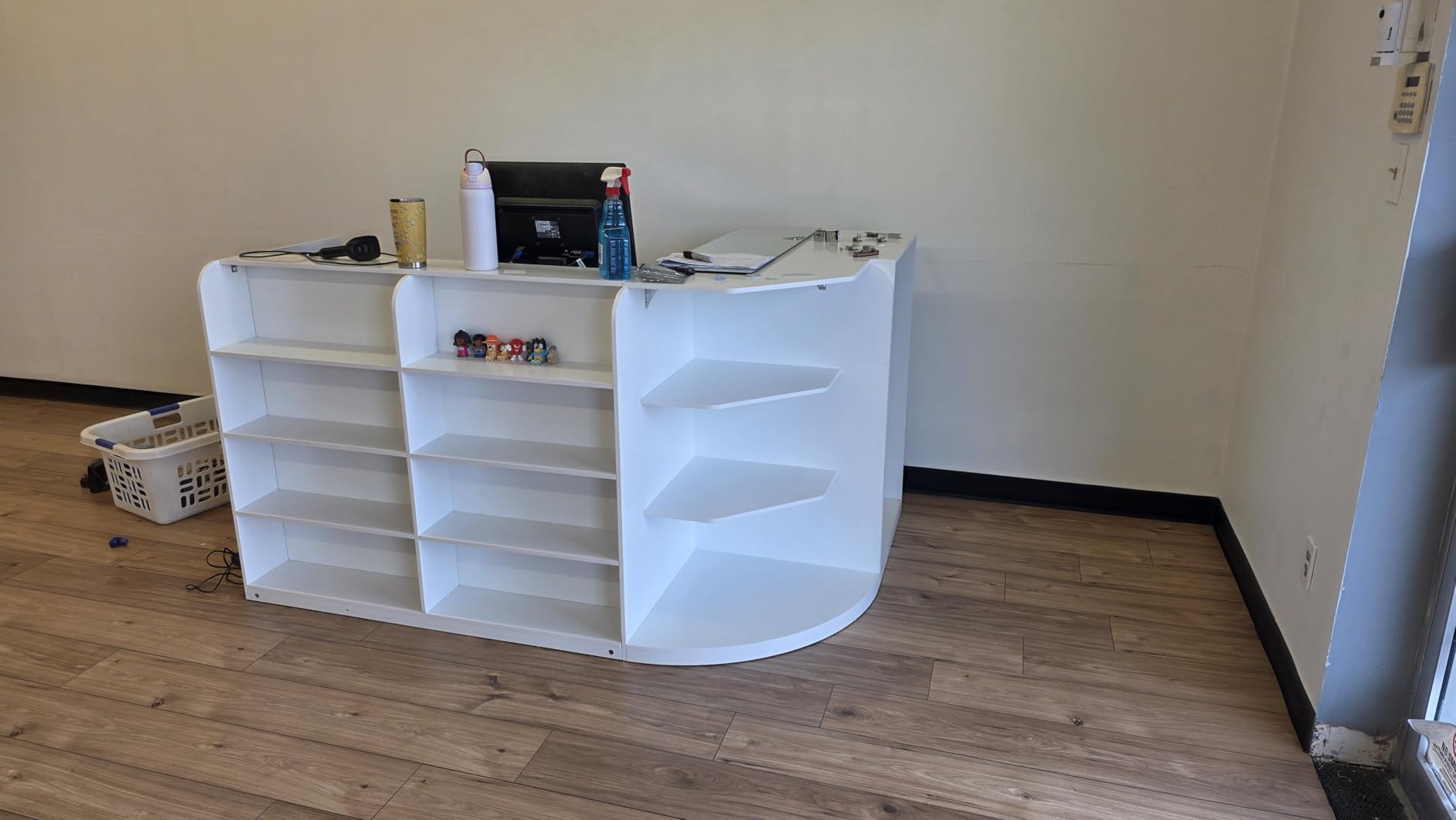 PAKASEPT Reception Desk with Counter for Retail & Checkout,Modern Front Reception Counter with LED Lights,Drawers & Open Shelves,Retail Counter with Storage for Countertop,Beauty Salon,Shop,Bar,White customer photo 1