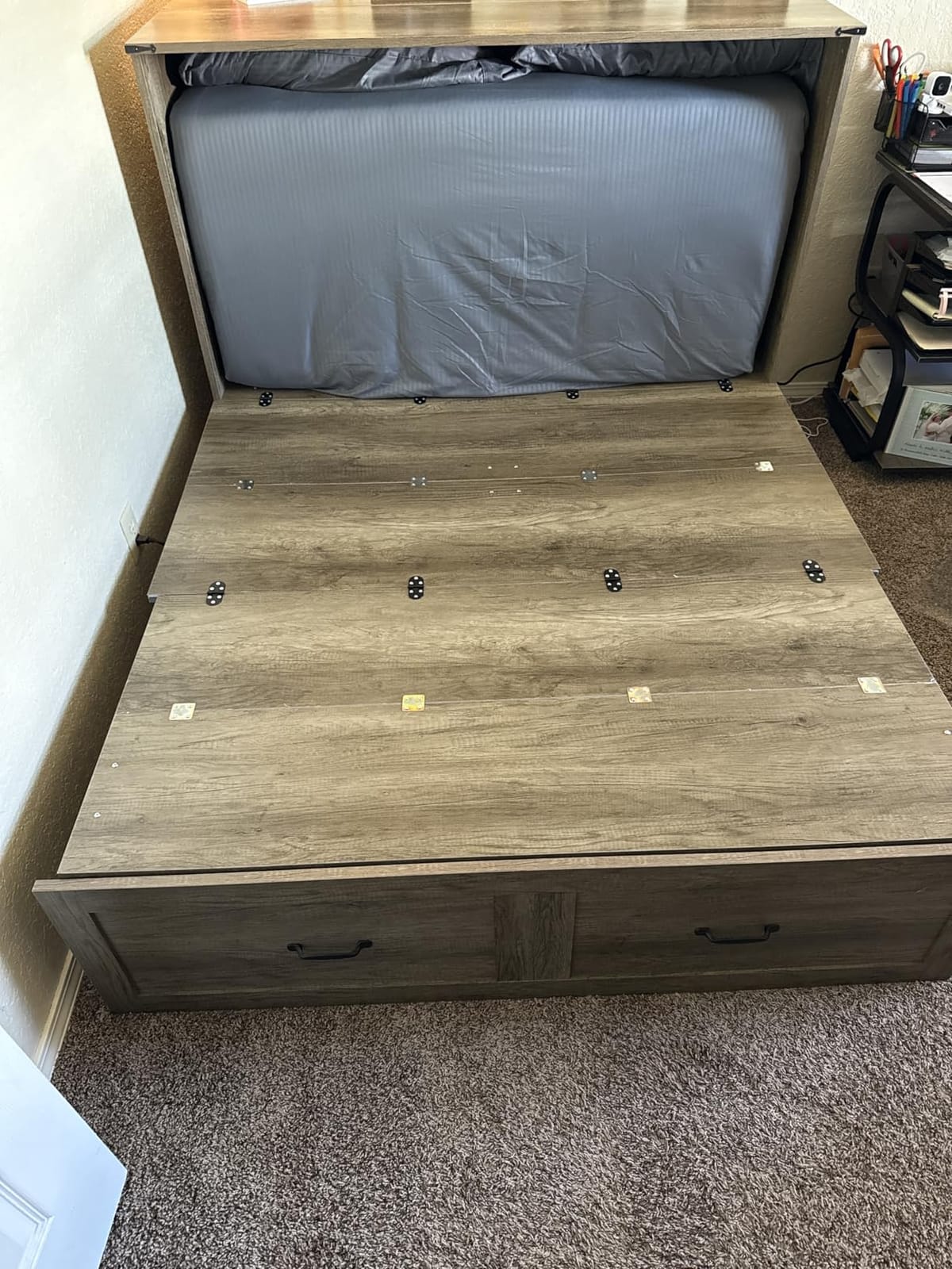 KCGKCG Murphy Bed with Storage & Charging Station, Murphy Cabinet Bed with Large Drawer for Guest Bedroom, Living Room, Office or Small Room, Full Foldable Platform Bed (Grey, Full) customer photo 1