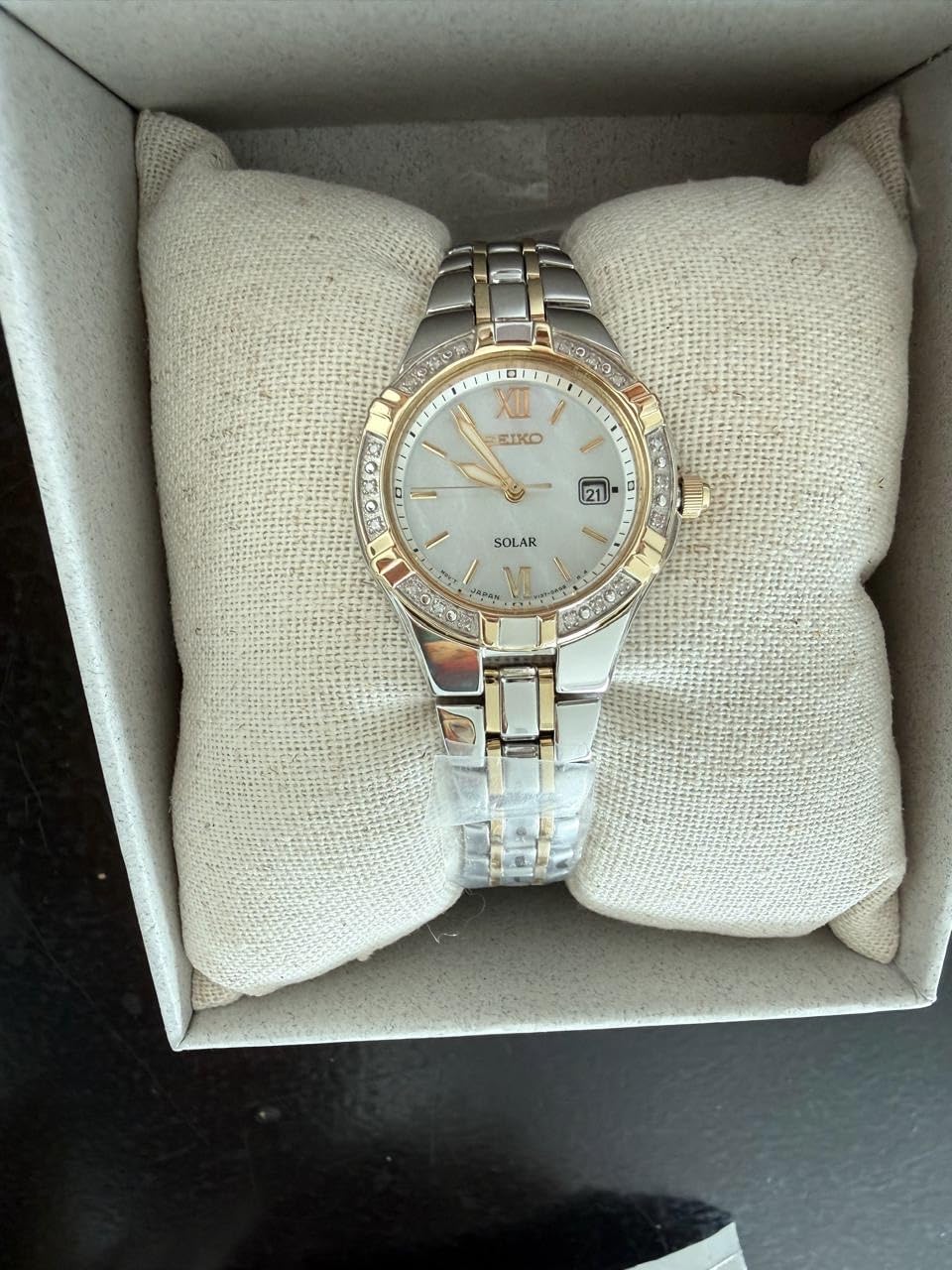 SEIKO SUT068 Watch for Women - Diamond Collection - with 18 Diamond Accents, Solar Power, Mother-of-Pearl Dial, Two-Tone Gold Stainless Steel Case & Bracelet, and Water-Resistant to 50m customer photo 2