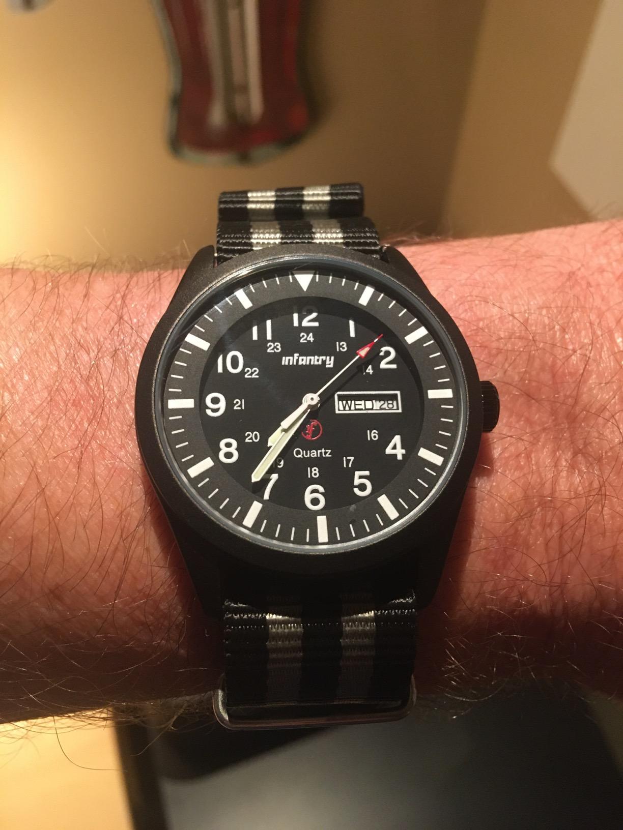 Infantry Mens Military Field Watch, 12/24H Day Date, 5ATM Waterproof Nylon customer photo 1
