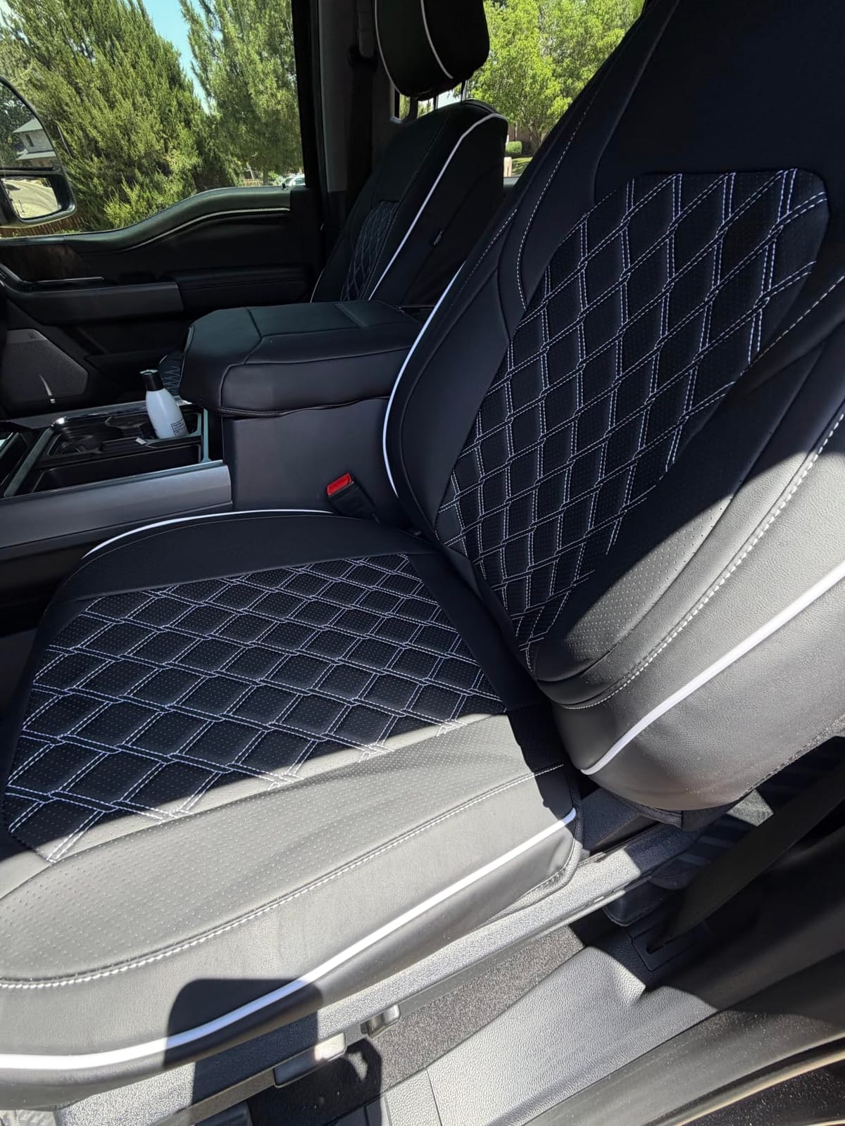 Huidasource Faux Leather Front&Rear Truck Seat Cover Custom Fit for 2015-2026 Ford F150 SuperCrew & 2017-2026 F250 F350 F450 Super Duty Crew Cab XL XLT Lariat King Ranch Platinum(Full Set/Black&Blue) customer photo 1