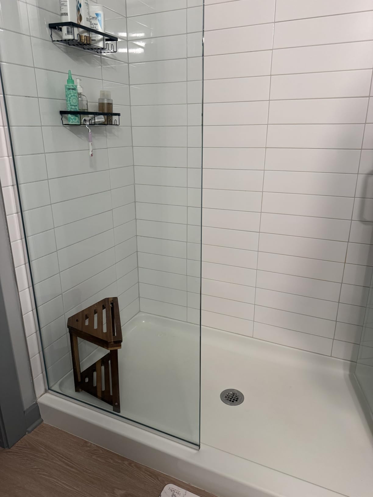 Boulphia Shower Foot Rest 14in, Acacia Wood Shower Stool for Shaving Legs, Waterproof Corner Shower Stool with Storage Shelf for Inside Small Shower Spaces, Wood Color customer photo 1
