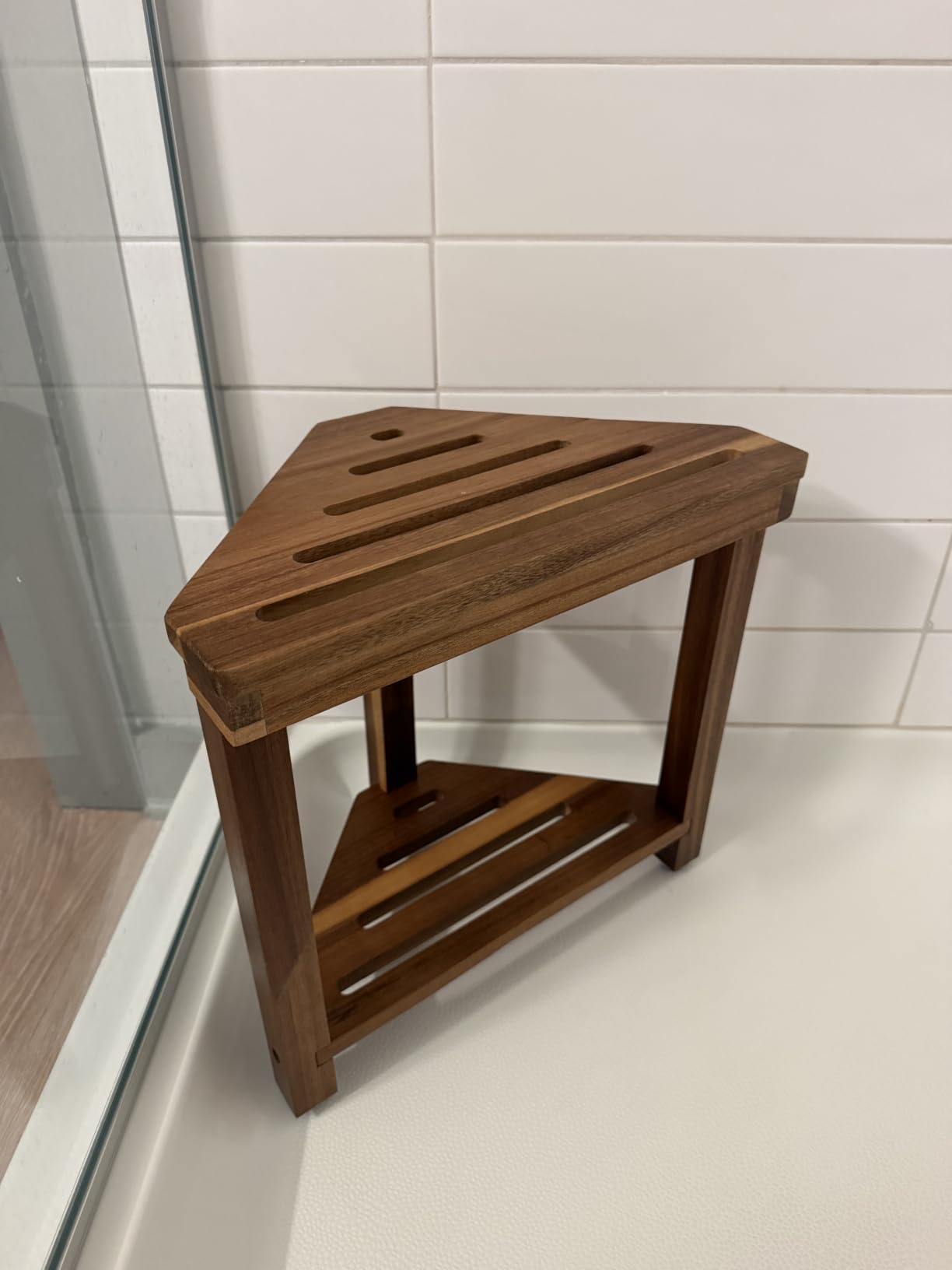 Boulphia Shower Foot Rest 14in, Acacia Wood Shower Stool for Shaving Legs, Waterproof Corner Shower Stool with Storage Shelf for Inside Small Shower Spaces, Wood Color customer photo 2