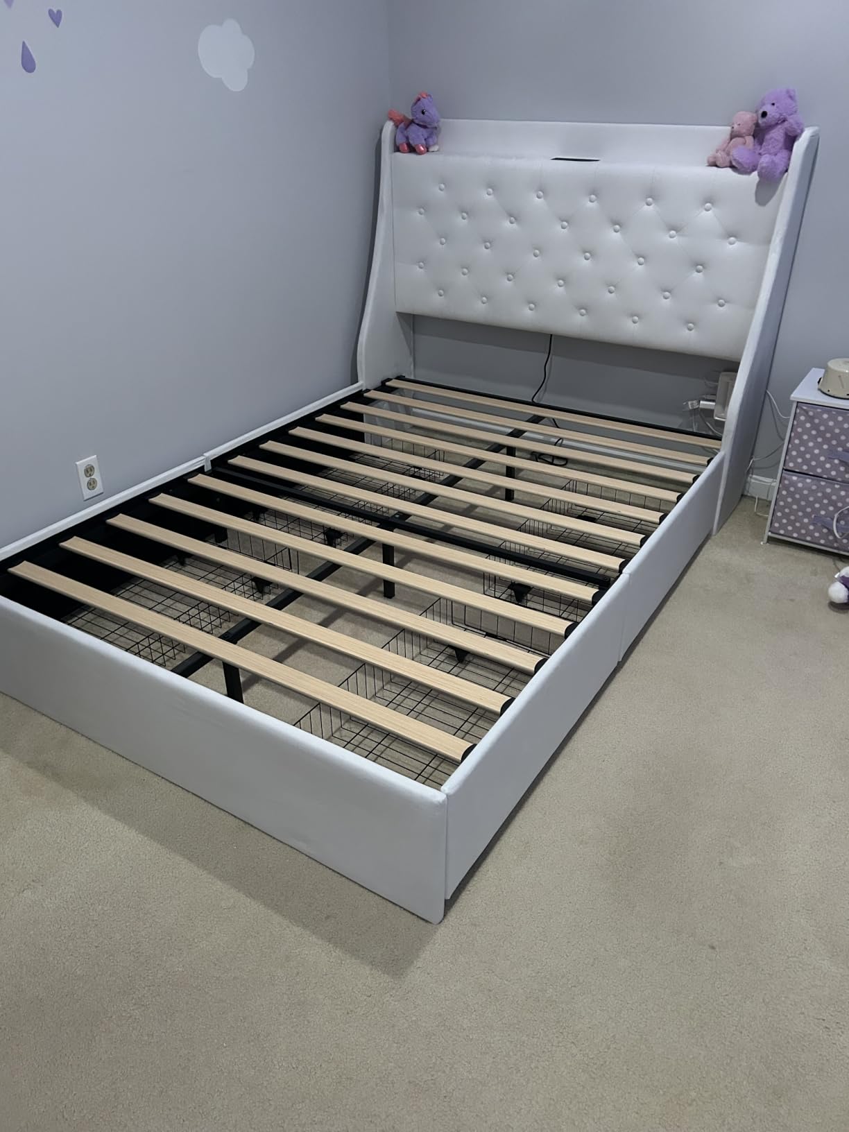 Feonase Queen Bed Frame with 4 Storage Drawers, Upholstered Storage Bed with Charging Station, Tufted Wingback Headboard, No Box Spring Needed, Dark Grey customer photo 1
