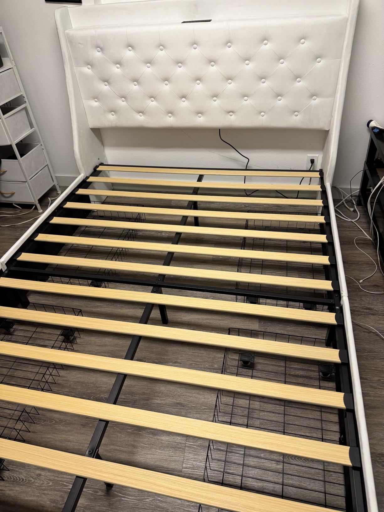 Feonase Queen Bed Frame with 4 Storage Drawers, Upholstered Storage Bed with Charging Station, Tufted Wingback Headboard, No Box Spring Needed, Dark Grey customer photo 2