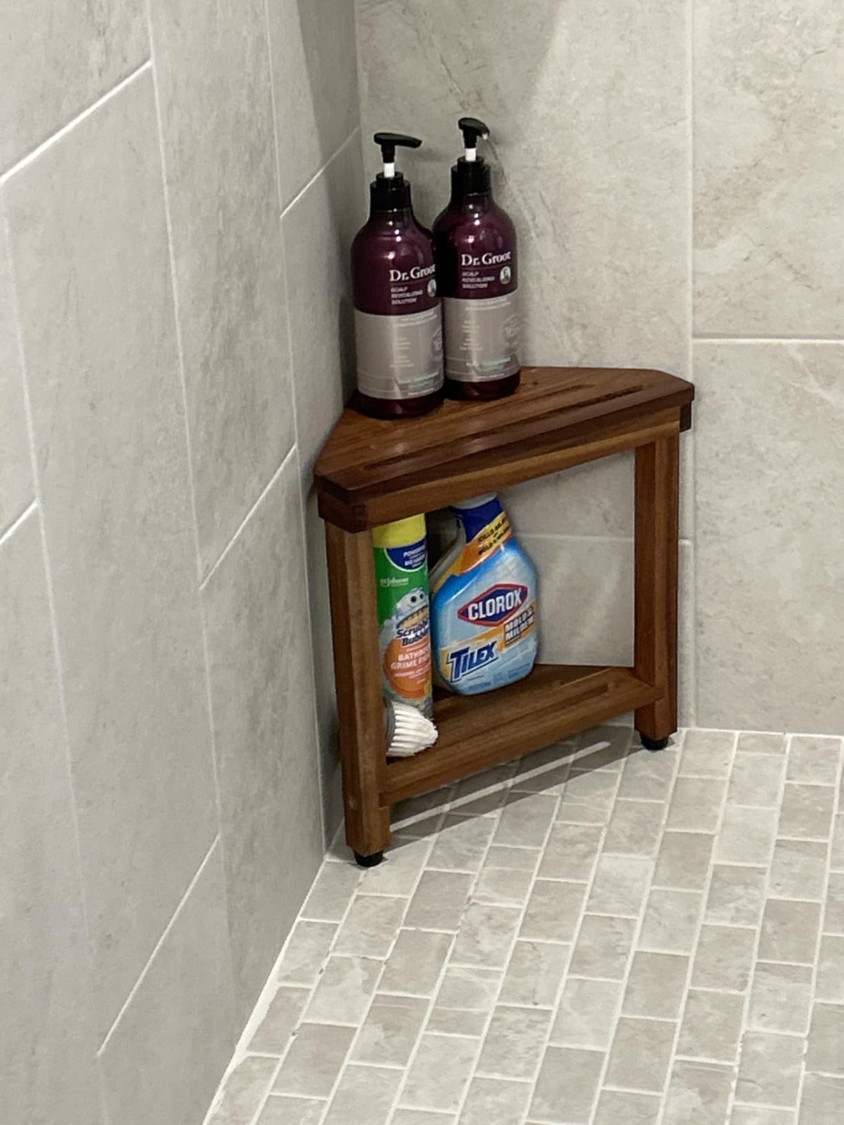 Shower Foot Rest 15 in, Acacia Shower Stool for Shaving Legs,Corner Bath Shower Bench with Starage Shelf for Inside Small Shower Spaces customer photo 1