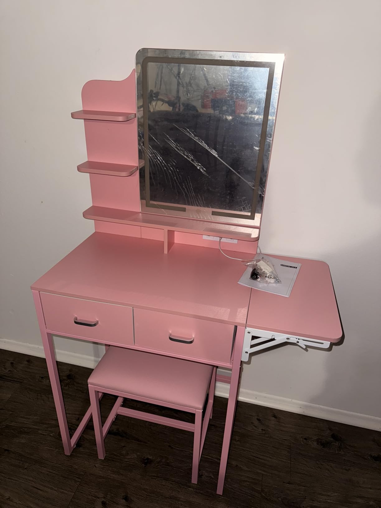 ALEXNUTRE Makeup Vanity Desk with Mirror and Lights, Small Vanity with Fabric Storage Drawer & Chair & Shelves, Vanity with Fold-up Panel and Power Outlet for Bedroom customer photo 1
